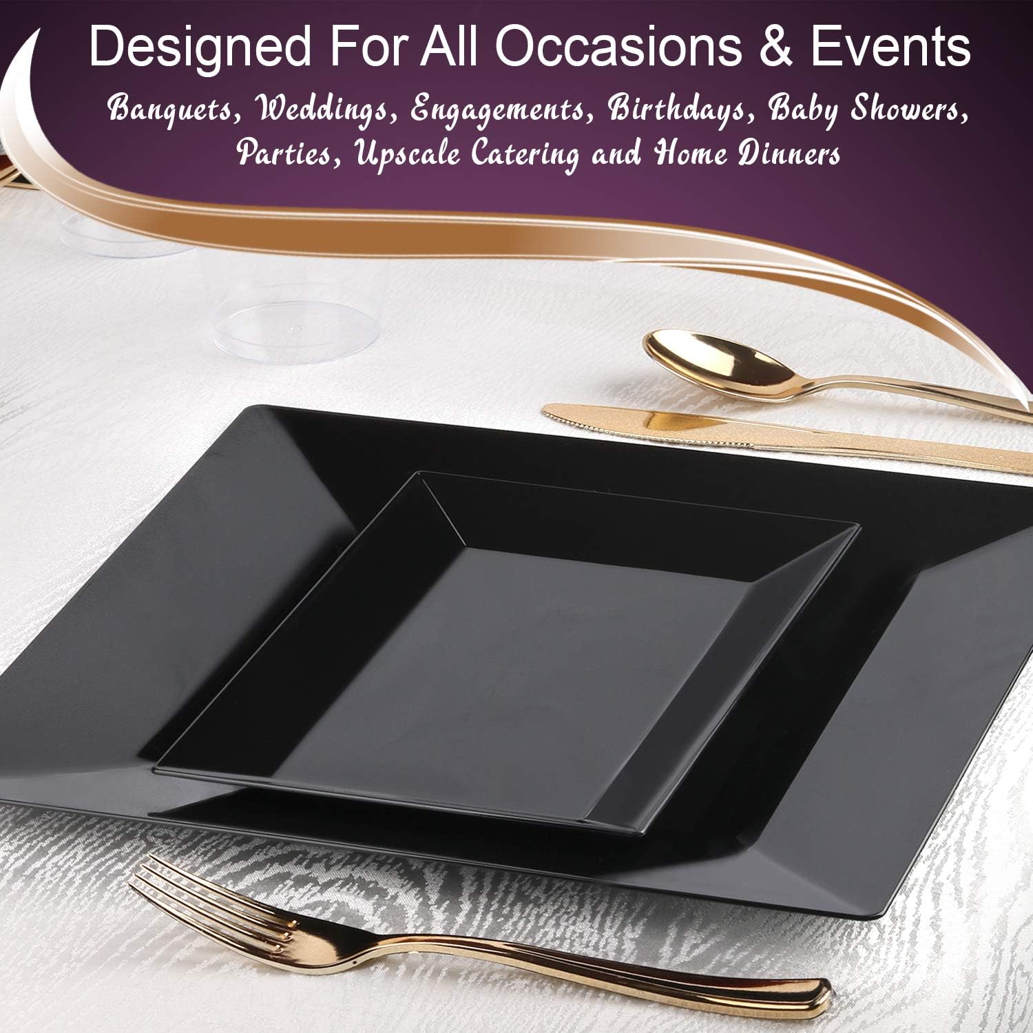 Smarty Had A Party Elegant Disposable Plastic Dessert Plates 120 Pcs - Rectangle Black Salad Appetizer Plate Bulk for Wedding, Birthday, All Occasions