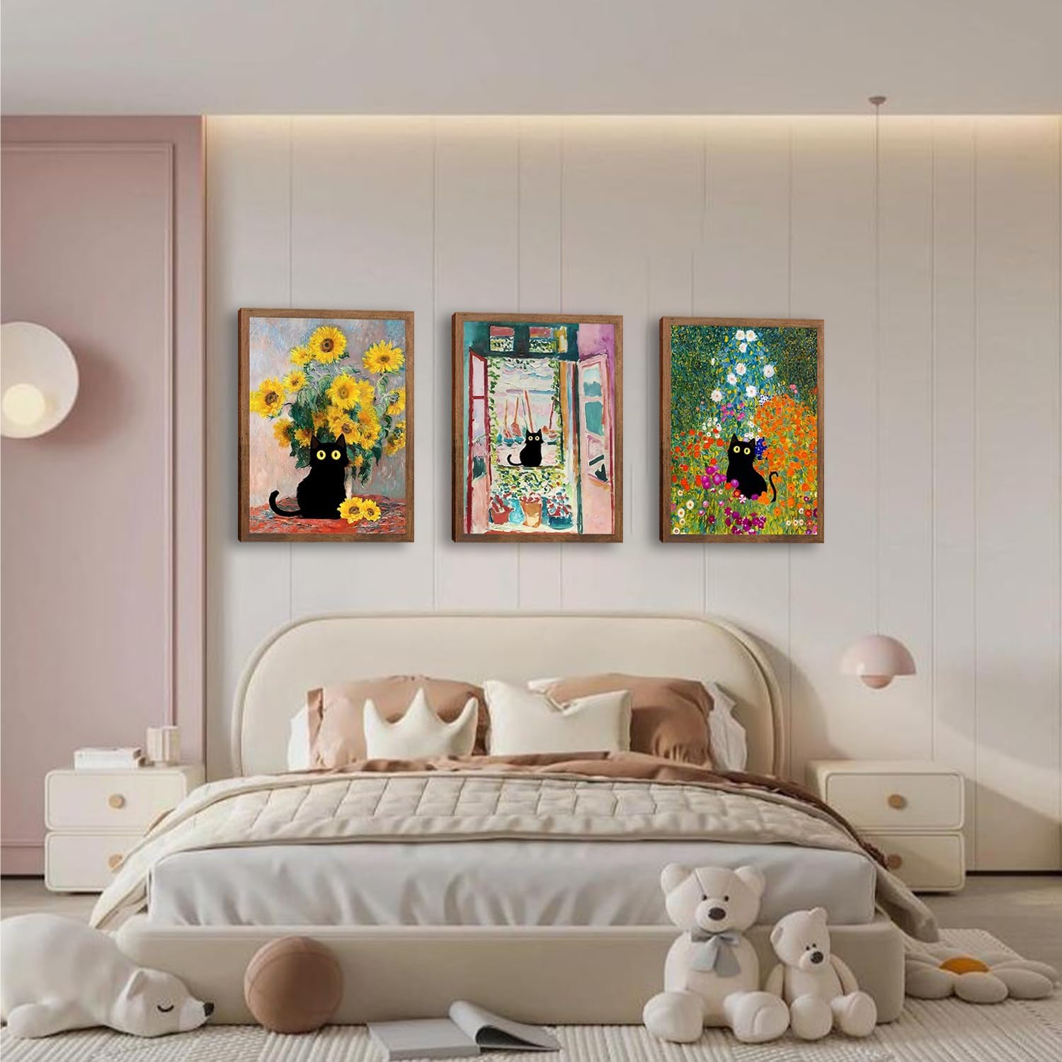 Vintage Black Cat Wall Art Set of 3, Van Gogh Sunflower & Monet Garden Themed Canvas Framed Posters, Garden Flower Cute Animal Aesthetic Pictures for Living Room Bedroom Kids Room Home Decor 12x16in