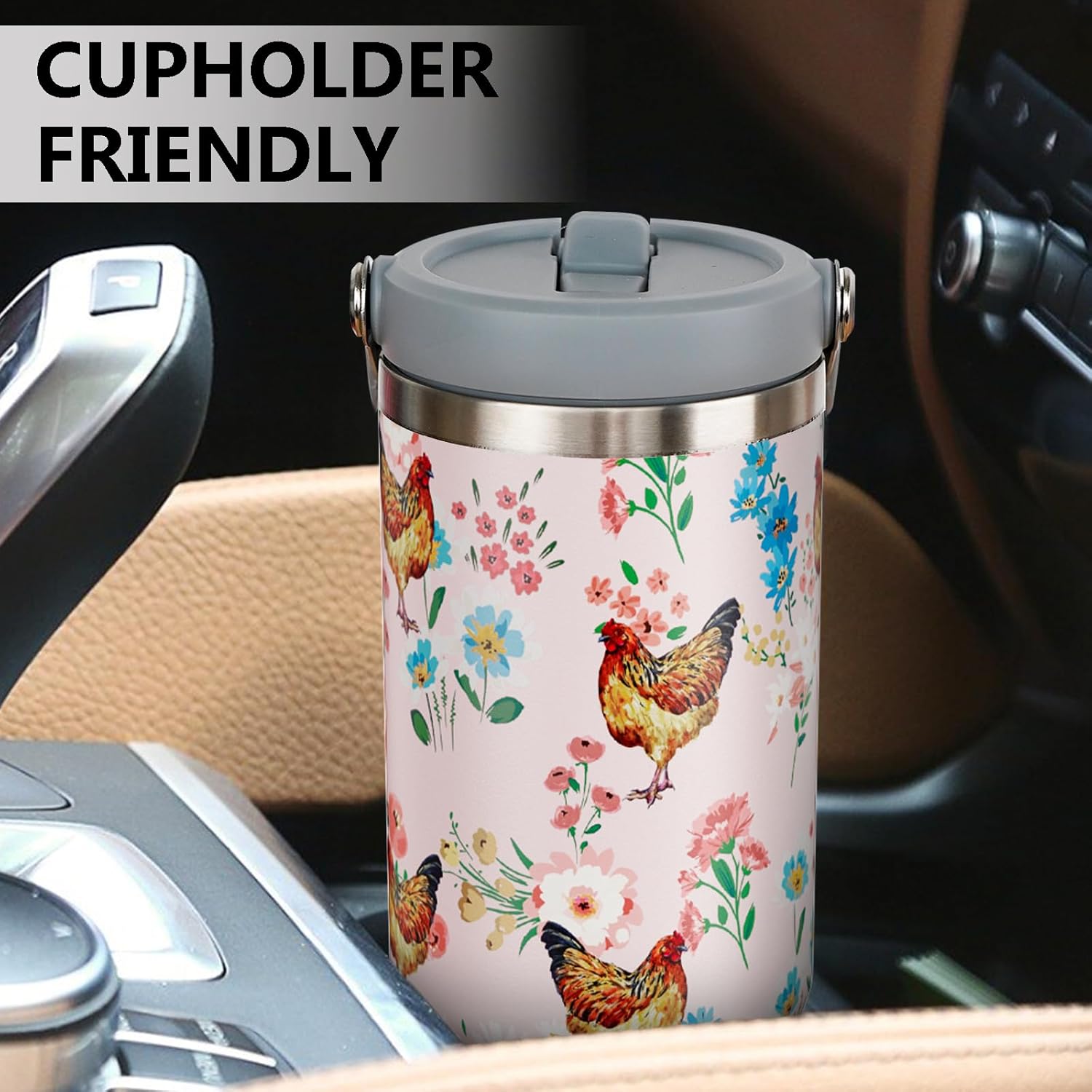 30oz Chicken Tumbler with Handle and Straw, Pink Chicken Stainless Steel Vacuum Insulated Flip Straw Coffee Cups Spill Proof Travel Mug, Chicken Rooster Decor Stuff Gifts for Women Chicken Lover - Image 7
