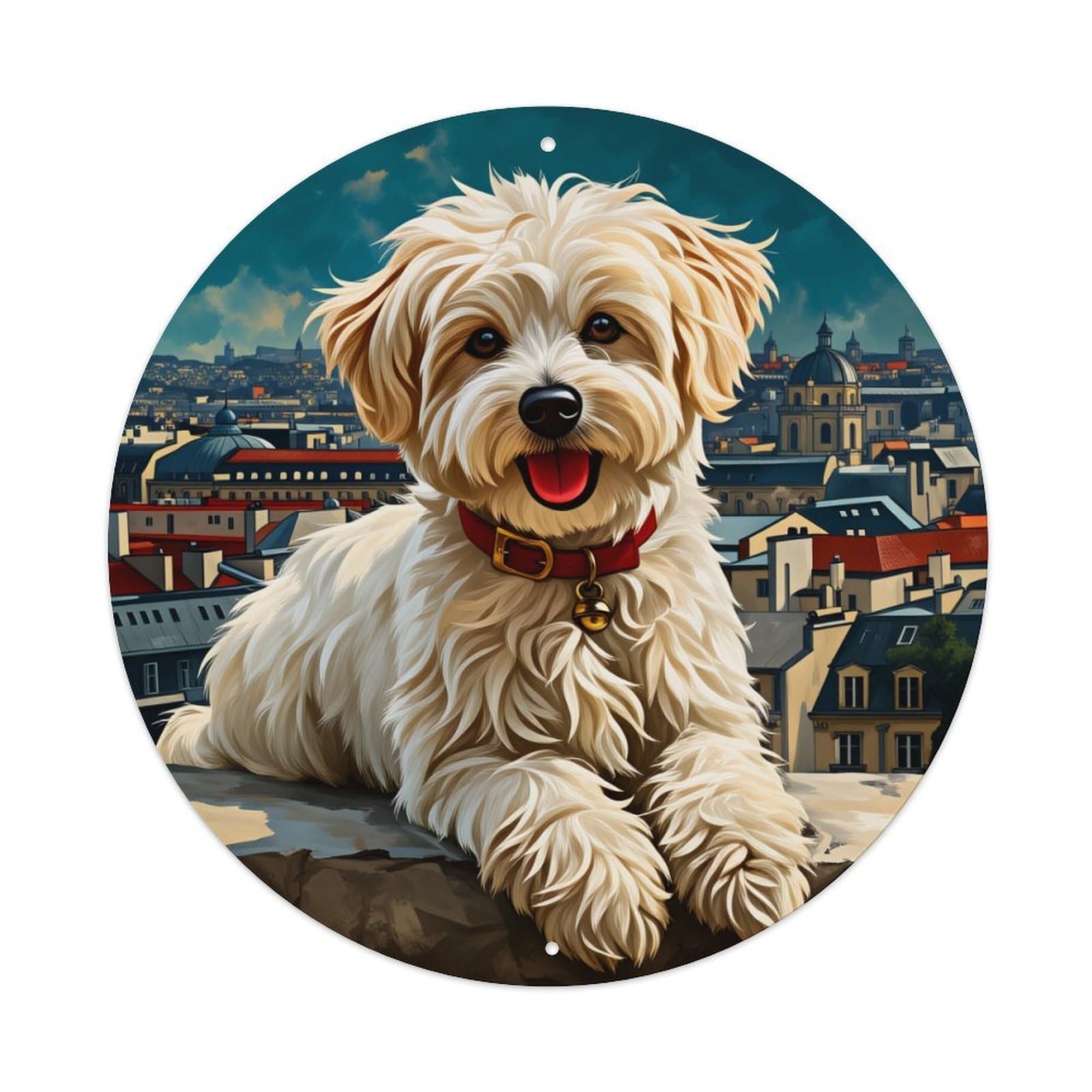 Dog Cityscape Background Artwork Metal Tin Sign Vintage Garden Bedroom Cafe Bar Man Cave Home Wall Decor Metal Poster 8x8 inches