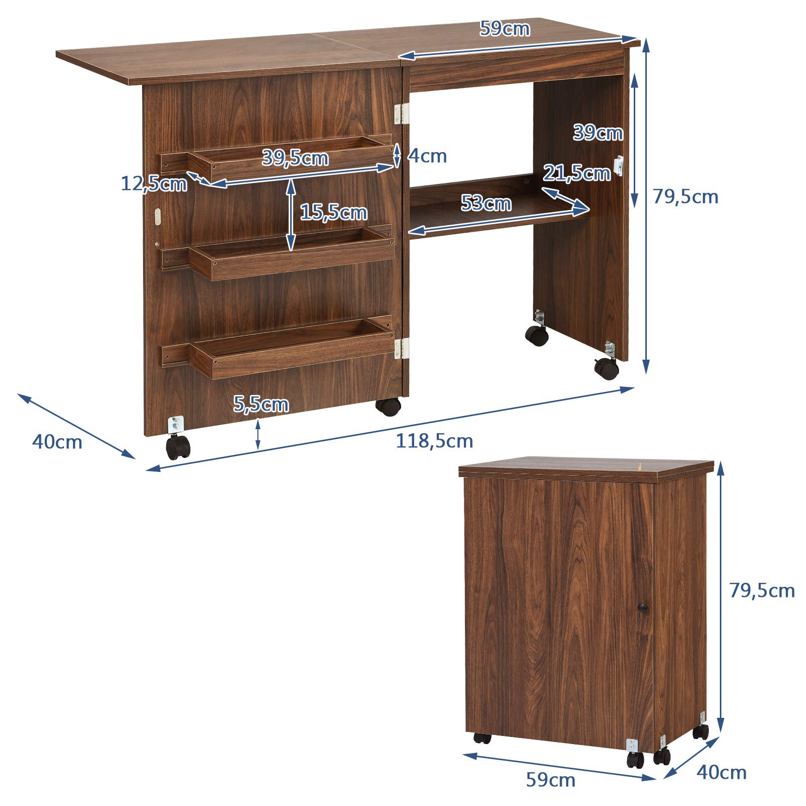 RELAX4LIFE Table Pliable pour Machine à Coudre avec 4 Etagères de Rangement, Armoire à Machine à Coudre avec roulettes avec Freins, Table Pliable en MDF, 117 x 40 x 77 CM, Blanc/Naturel/Brun (Brun)