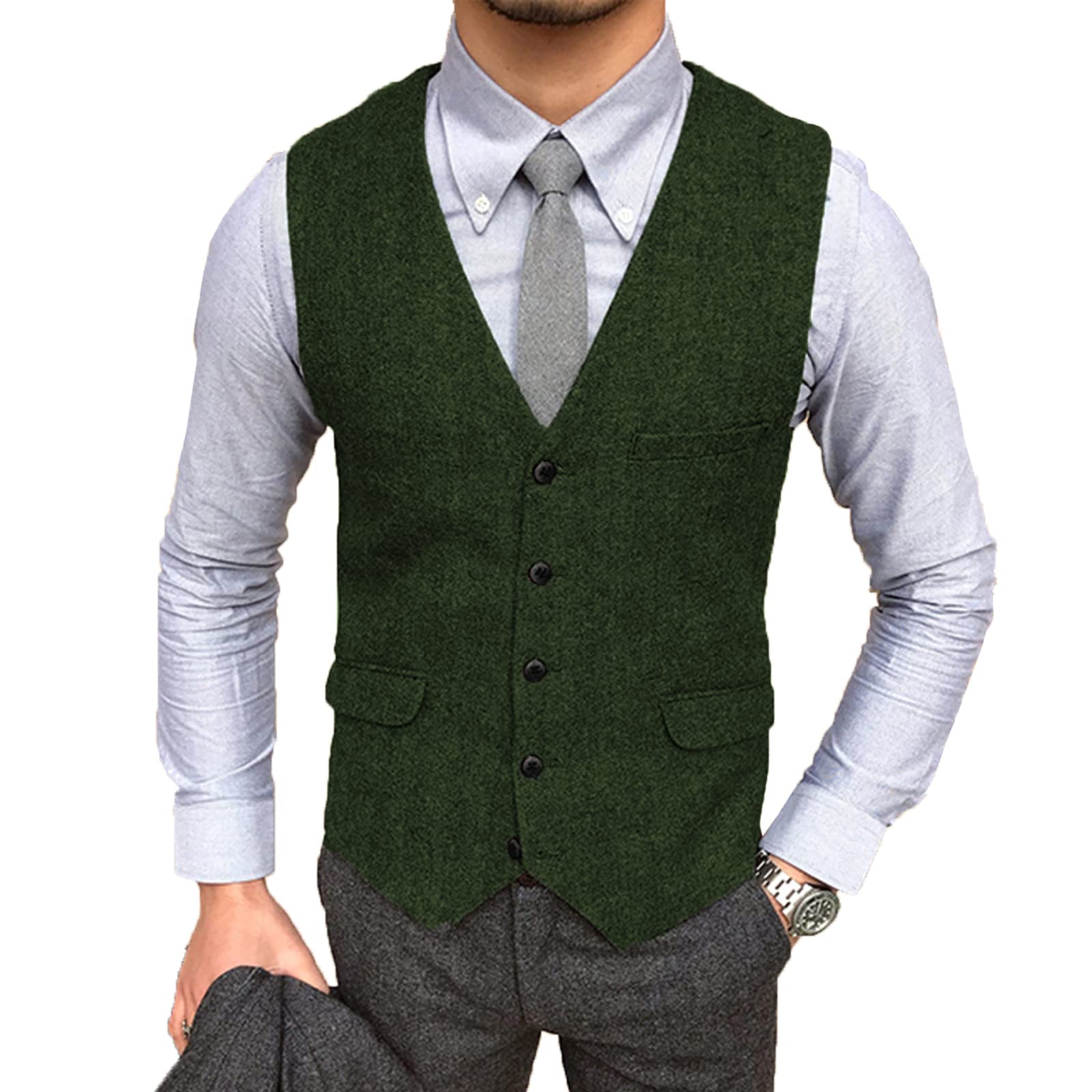 SHACE Herren Anzugweste - Vintage Einreiher V-Ausschnitt Anzug Weste Herringbone Tweed Lässige Weste Business Hochzeit Groomsmen Ärmellose Anzug Weste