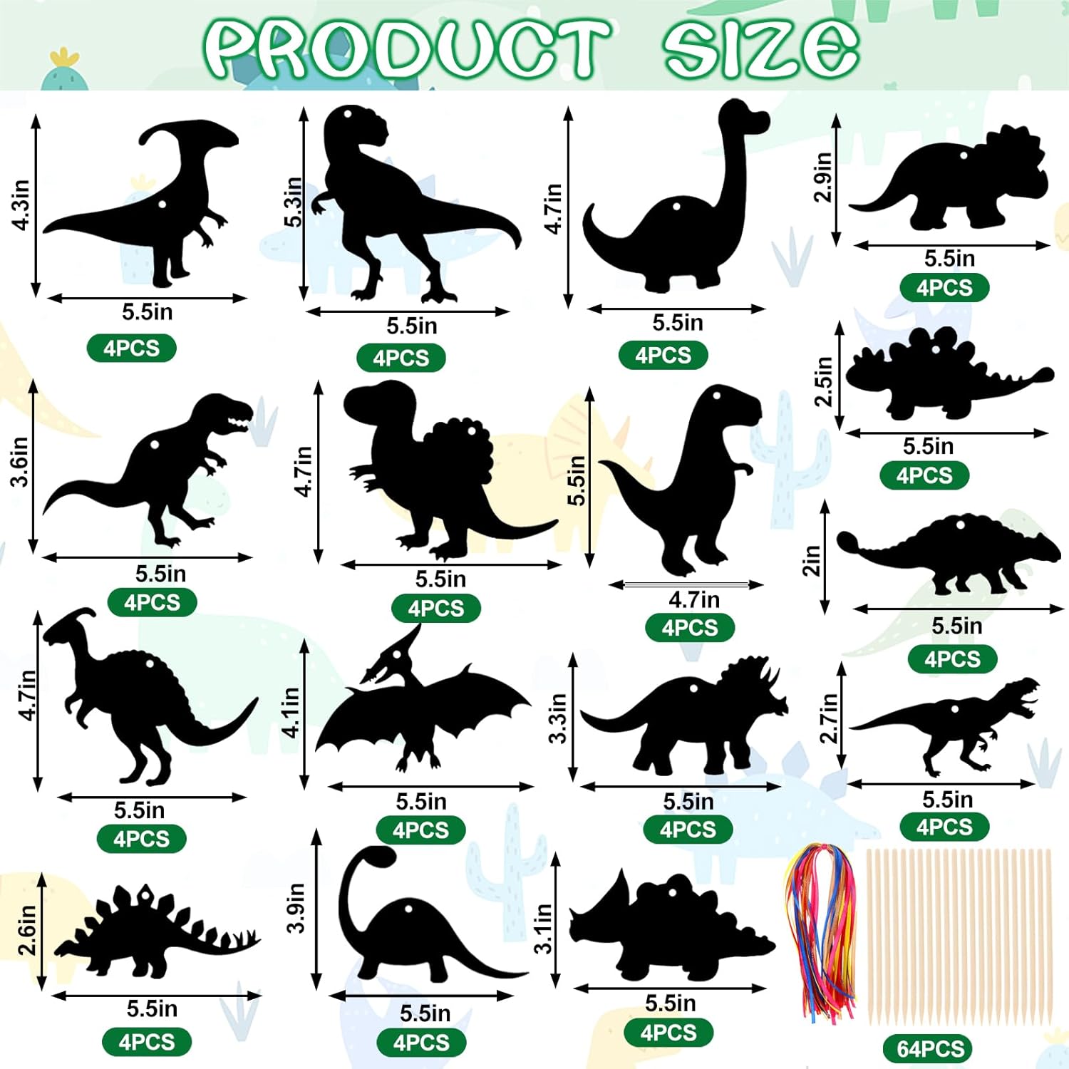Droutti 64 Sets Dinosaur Theme Scratch Cards Rainbow Scratch Paper Dinosaur Crafts Art Card Kit DIY Scratch Dinosaur Paper with Wood Stylus and Ribbon for Classroom Craft Birthday Party Supplies