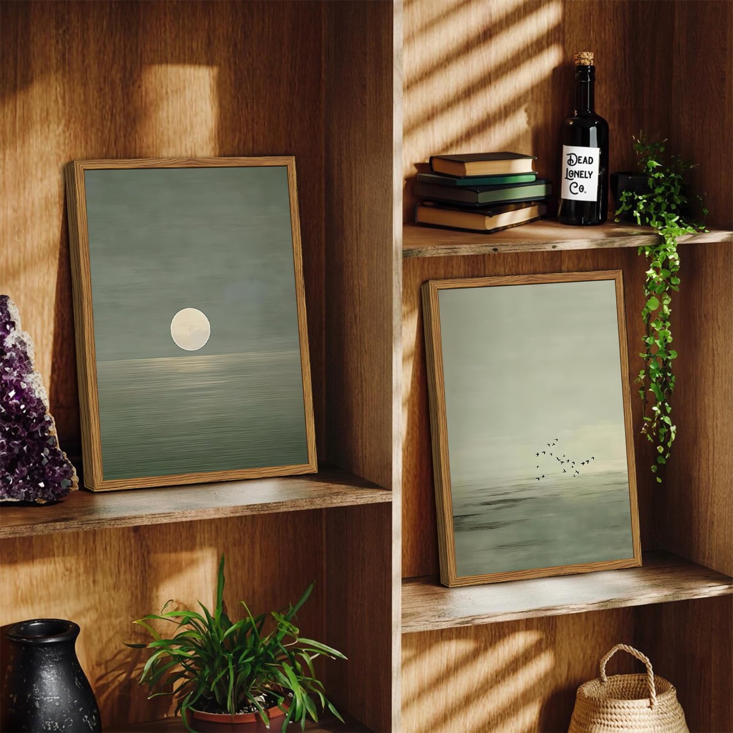 Framed Sage Green Japanese Canvas Wall Art Set of 2, Minimalist Moon and Birds Pictures Wall Decor, Neutral Landscape Artwork Paintings Prints Zen Home Decor for Living Room Bedroom Office 16x24 Inch