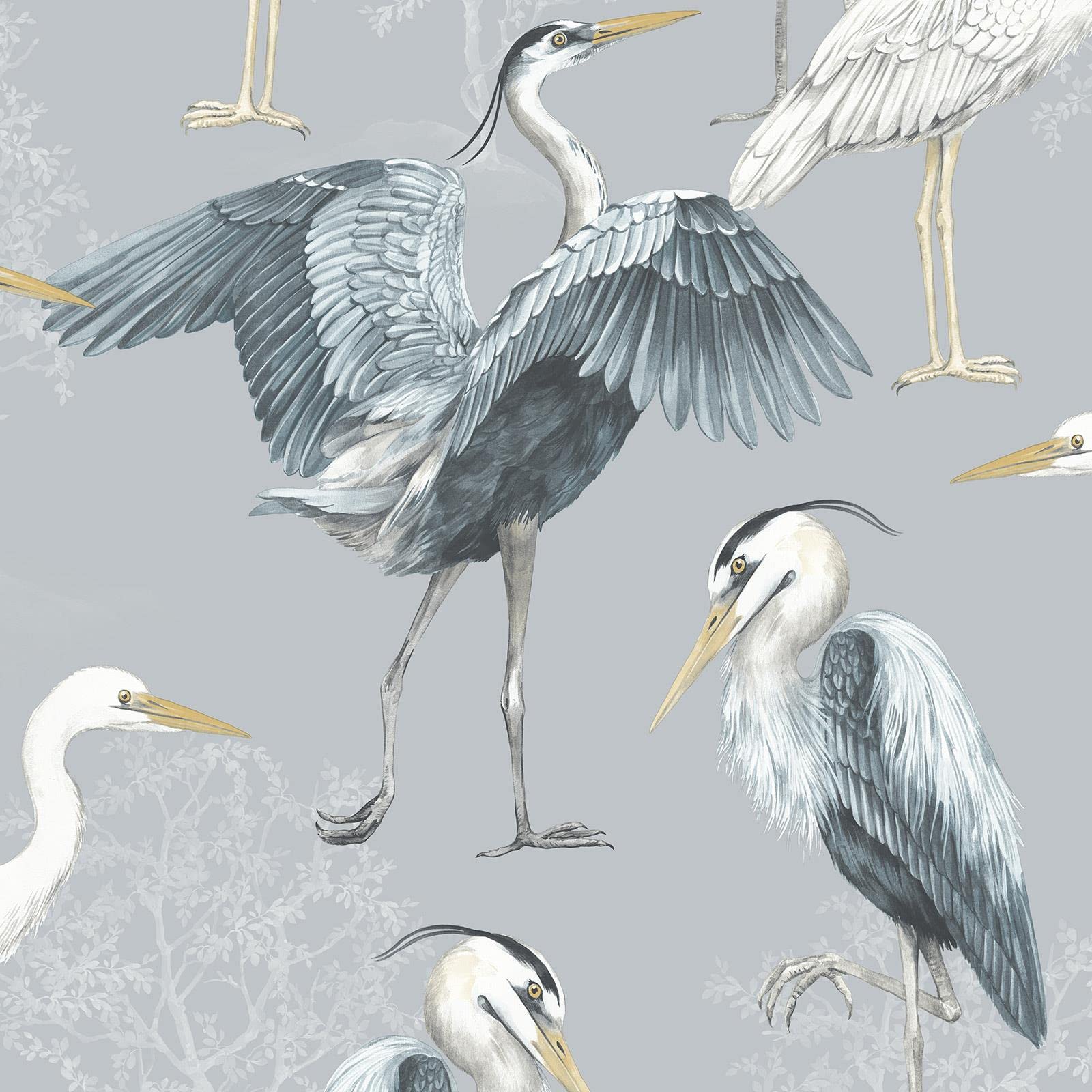 Rasch Blue,Grey,White Dimension Heron Wallpaper - Modern Wallpaper For Living Room, Bedroom, Fireplace - Decorative Luxury Nature Wall Paper With Hand-Drawn Herons & Trees (White/Grey/Blue)