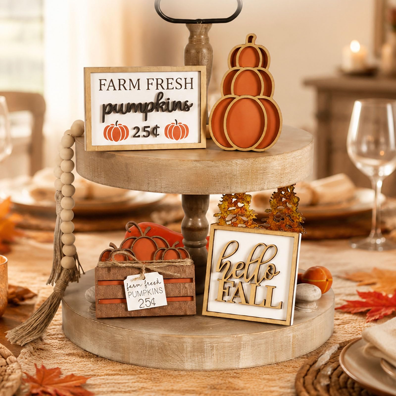 Higijapuf 5 Pcs Fall Wooden Pumpkin Tiered Tray Decor with Bead Garland