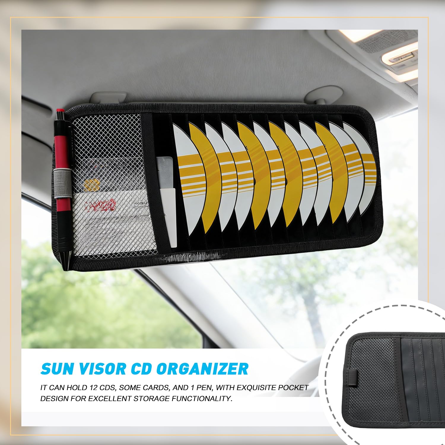 Auto-CD-Visier-Organizer, große Kapazität, DVD-Aufbewahrung, Auto-Sonnenblende, CD-Halter mit 12 Steckplätzen, 1 Netztasche, 1 Stifthalter und Gummiband Auto & Motorrad