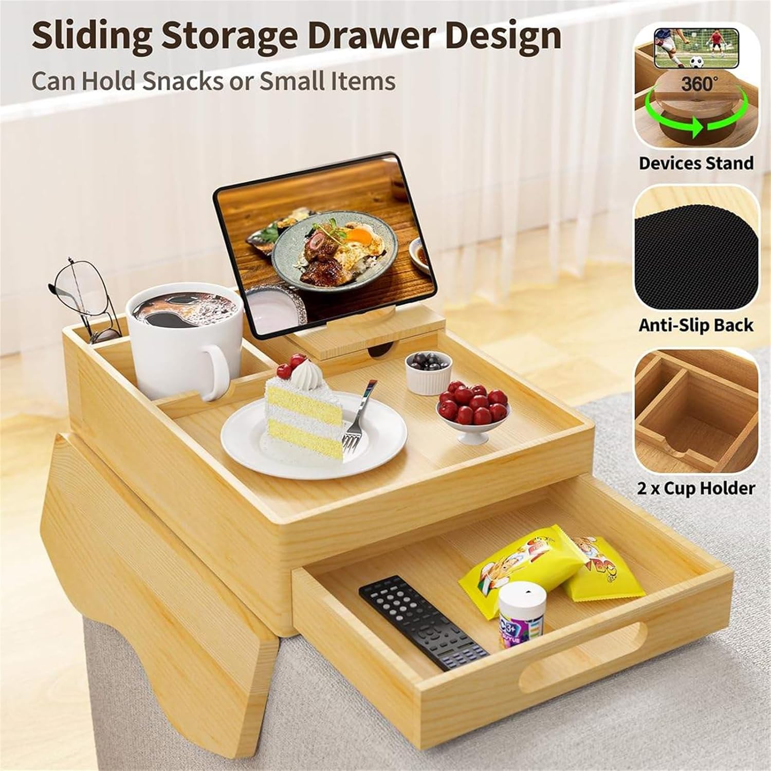 7-in-1 Wooden Couch Cup Holder & Arm Tray, Clip-On Sofa Side Table with 360° Swivel Phone Holder, Perfect for Living Room & Bedroom Organization