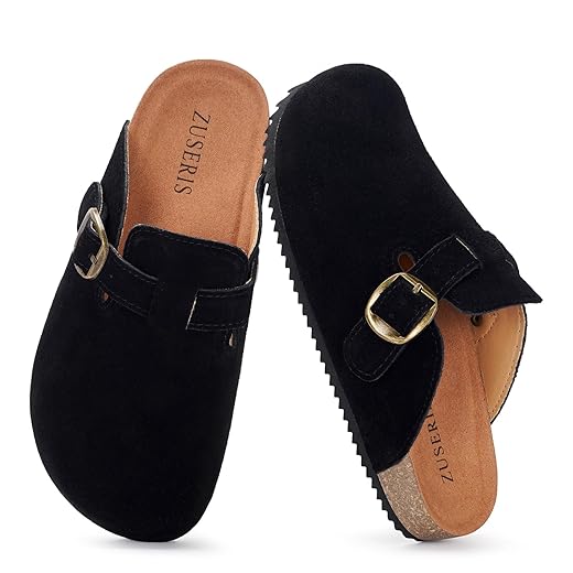Kids Suede Clogs Boys Girls Cork Footbed Potato Shoes Classic Slip On Leather Mules Children Indoor Outdoor Sandals with Adjustable Buckle