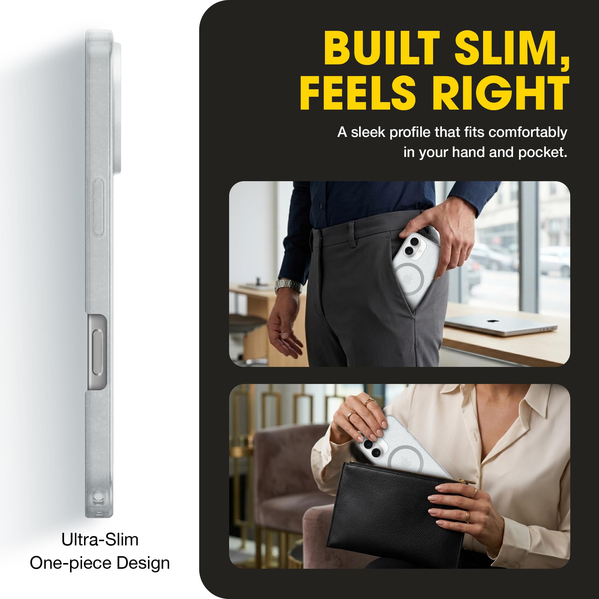 OtterBox Symmetry Clear Series + - Funda para iPhone 16, se Ajusta a MagSafe, Ultra Elegante, Bordes elevados Que protegen la cámara y la Pantalla, Embalaje no minorista (Transparente) (Polvo de