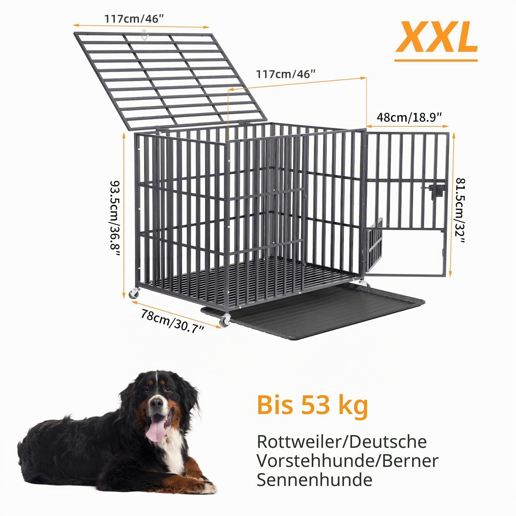 BingoPaw Hundekäfig XXL Transportbox Schwerlast: Hundebox große Hunde Metall Gitterbox Hundetransportbox mit 3 Türen, 4 Rollen und Bodenschale, 117x78x93.5cm