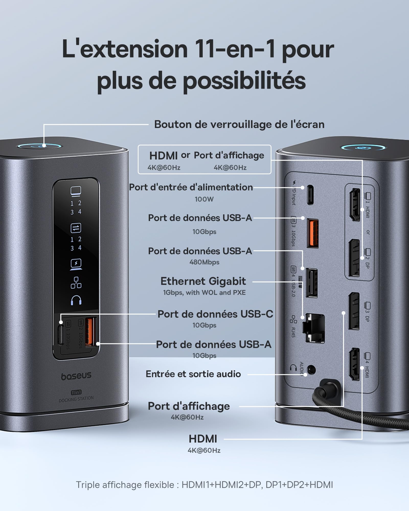 Baseus Spacemate 11 en 1 Docking Station 3 Moniteurs pour Windows, avec Écran Intelligent, 4K HDMI/DP, 10Gbps USB-C/A, 100W PD, Ethernet, Audio, Compatible avec HP/Lenovo/Dell/Acer