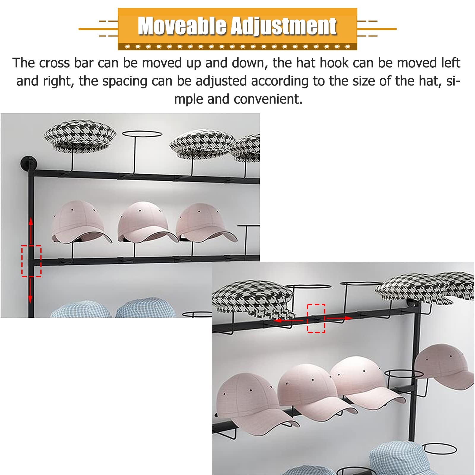 Perchero de pared metálico para gorras de béisbol, 4 niveles, para pelucas y gorras, con ganchos móviles, 100 cm de alto, negro, blanco y dorado, fácil de instalar (largo blanco), blanco, largo: 100
