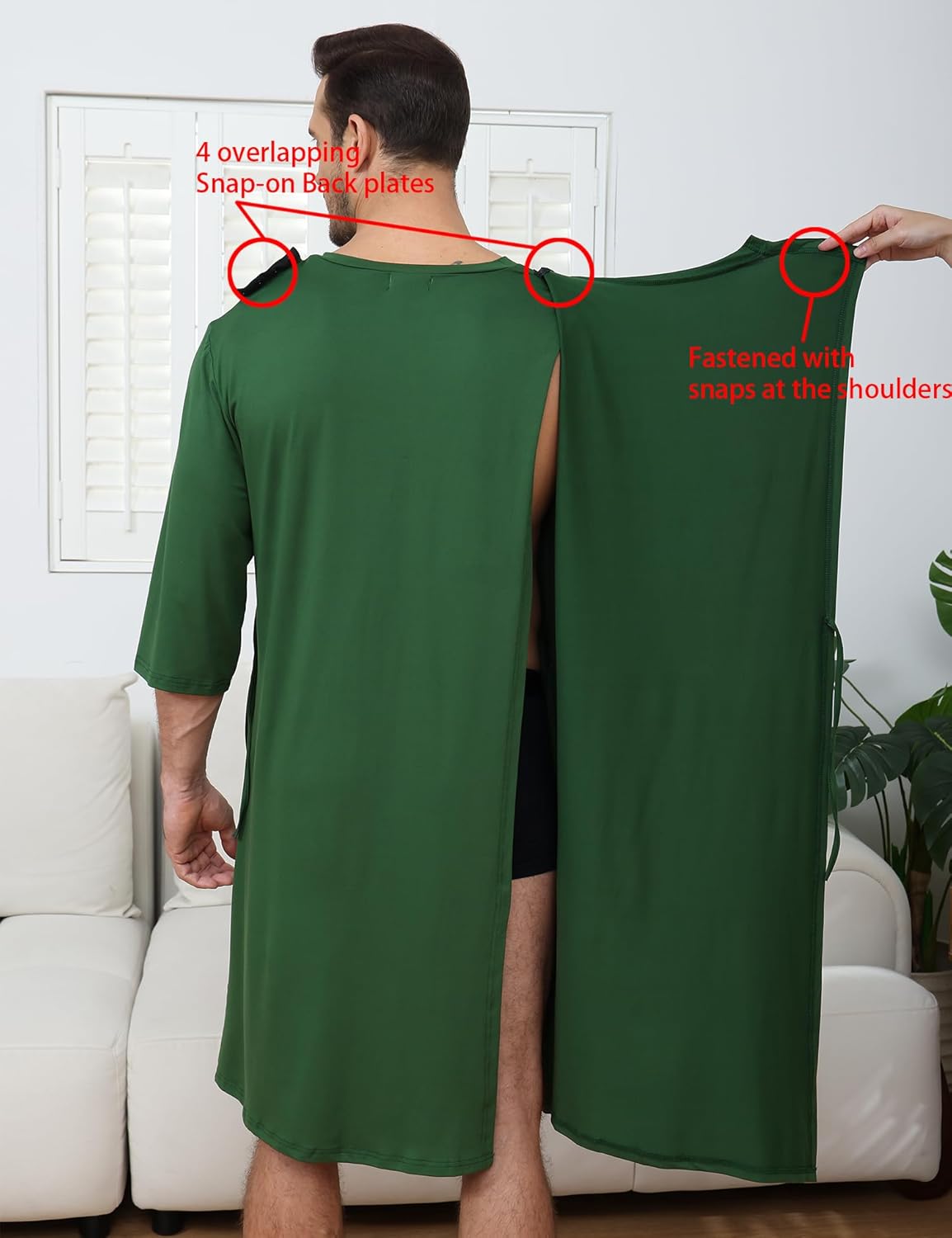Soft Elastic Men's Hospital Gown with Shoulder Snaps, Waist Drawstring, Side Pockets, Patient Gown for Men - Image 3