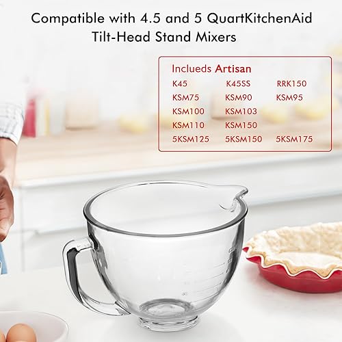 Miniatura 3 de Tazón de mezcla de vidrio de 5 cuartos de galón, cuenco de mezcla para KitchenAid de 4.5 y 5 cuartos de galón, mezclador de pie de 5 cuartos para