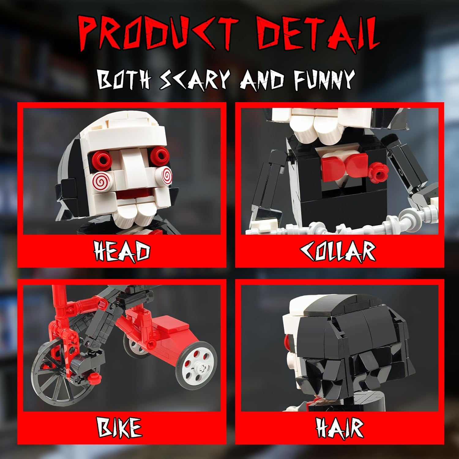 Horror Billy Puppet Tricycle Building Block Set, Compatible with Lego 630 Accessory, Scary Character Brick Figure Model, Creative Display Toy for Teens & Adults, Collectible Desk Decoration, 219Pcs