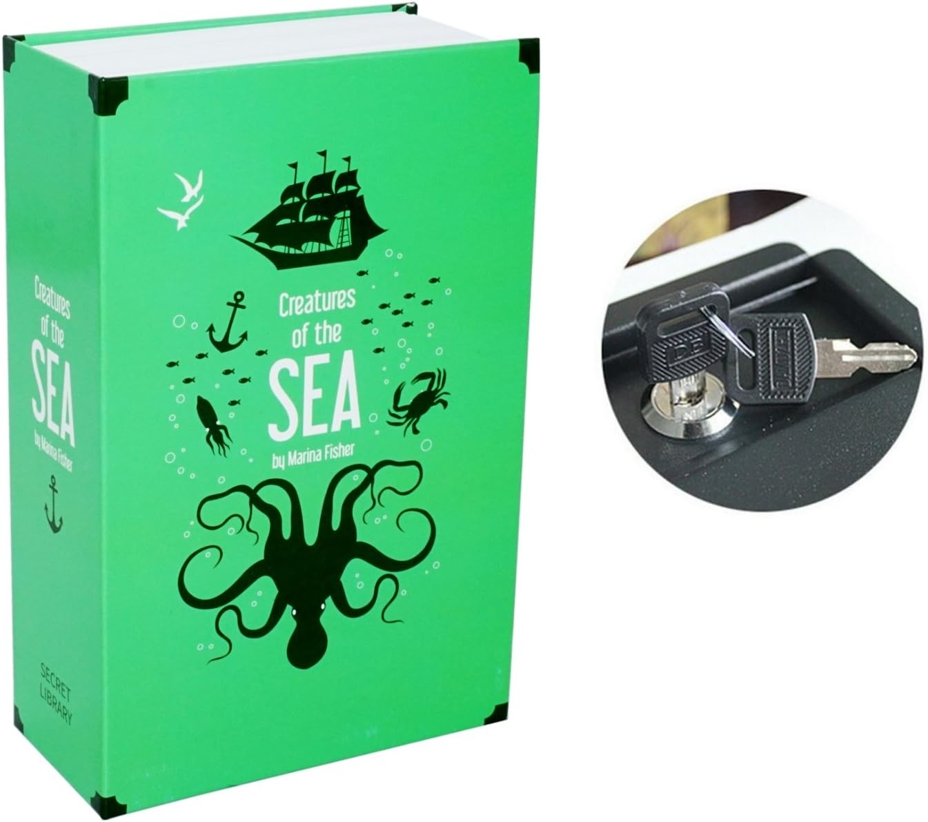 Book Secret Hidden Security Safe Lock Cash Money Jewellery Locker Box M Size 2 Models (Security Code or Key) for Choice (Open by Key, Creatures of the Sea)