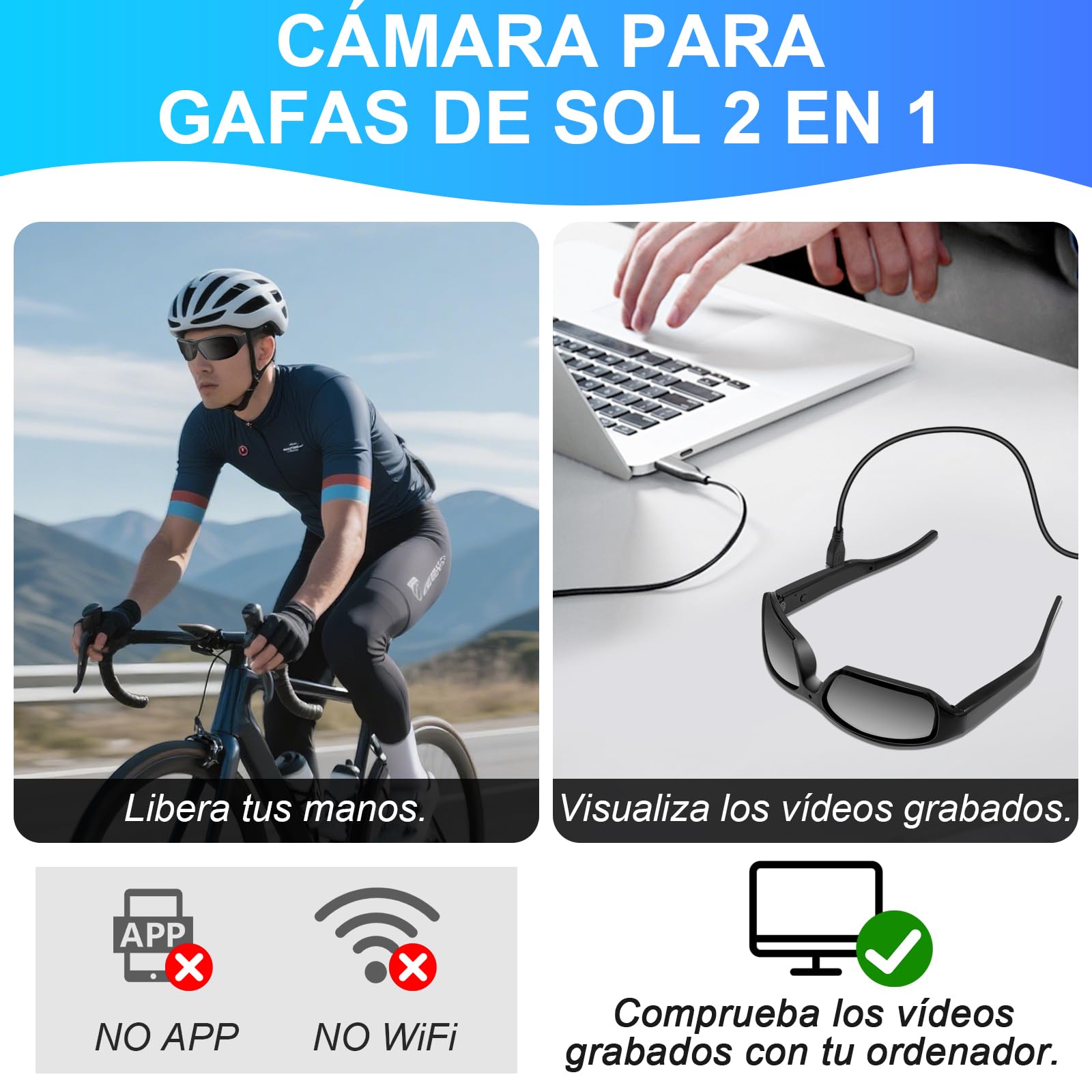 Cámara Deportiva con Gafas de Sol HD 1080P, Mini Cámara de Acción con Gafas