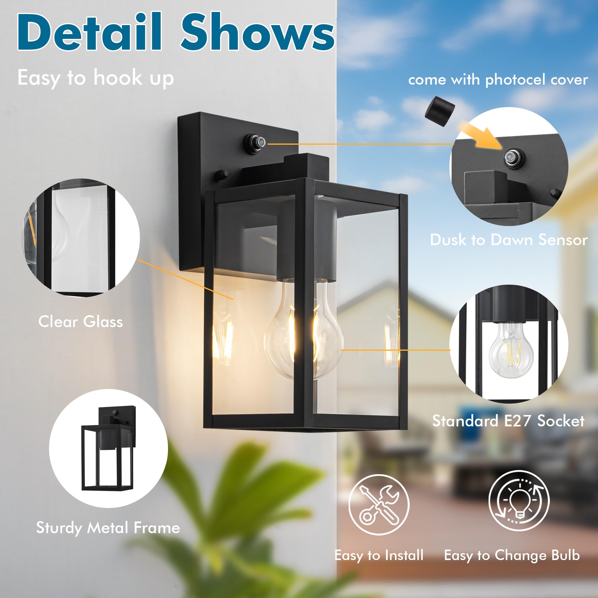 FTL Außenwandlampe mit Dämmerungssensor 2-pack, E27 Kleine Aussenlampe Wand, Ausenbeleutung Hauswand Sicherheitsbeleuchtung mit automatischem Ein-/Ausschalten, IP44 Außenwandlaterne für Garten Flur