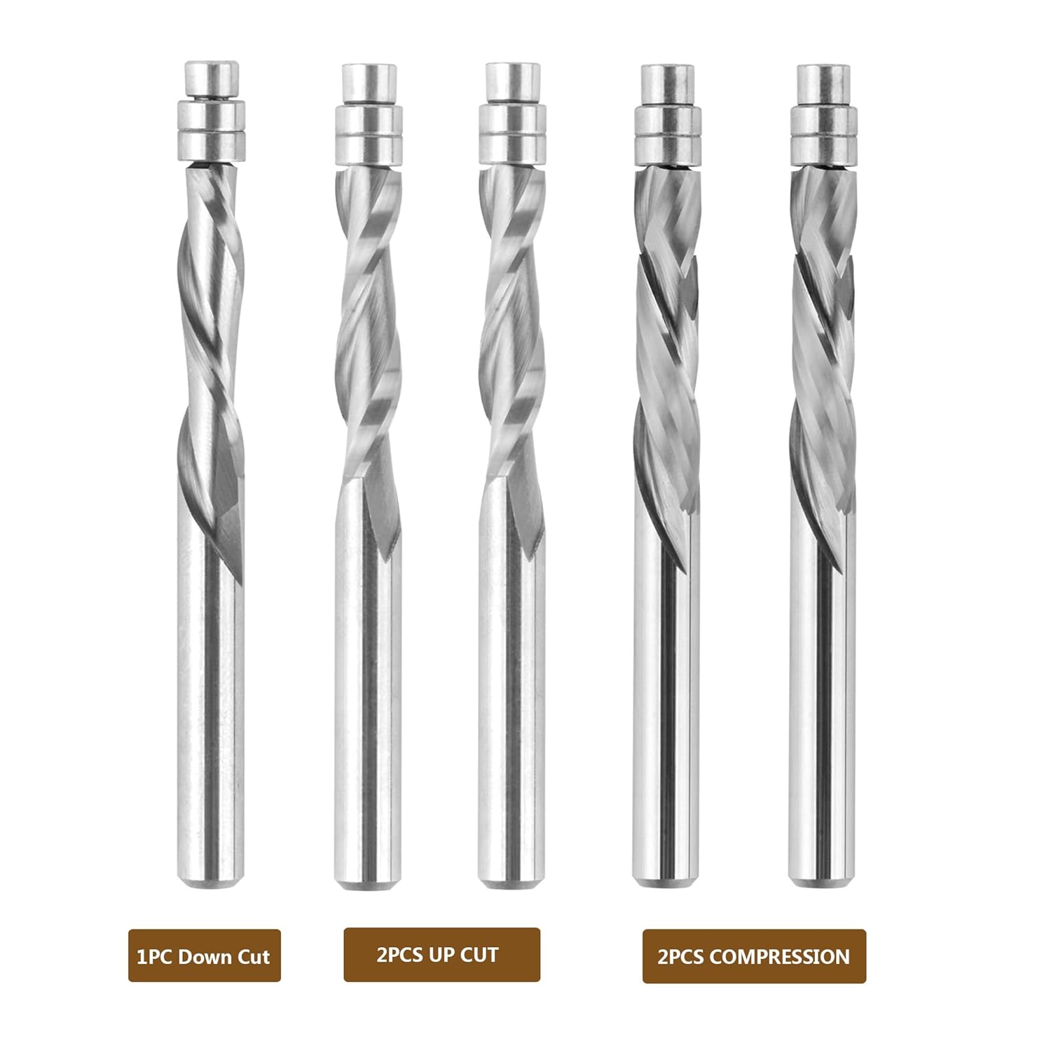 SpeTool 5PCS Bottom Bearing Flush Trim Router Bit 1/4" Shank Solid Carbide Compression Upcut Downcut Spiral Router Bits for Wood Edge Flush Cutter Trimming Tool