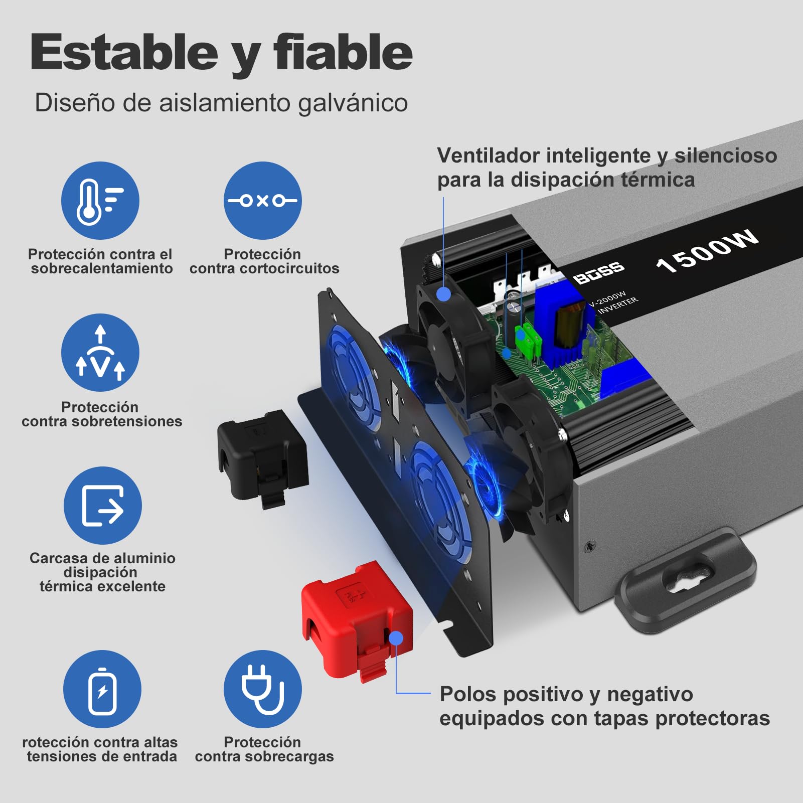 DATOUBOSS Inversor 12V 220V/230V Onda Pura 1500W/3000W, Inversor 12V a 220V Onda Pura con 2 Enchufes EU, Salida USB/USB-C y Pantalla LCD, Transformador de Autocaravanas, Camiones, Camping