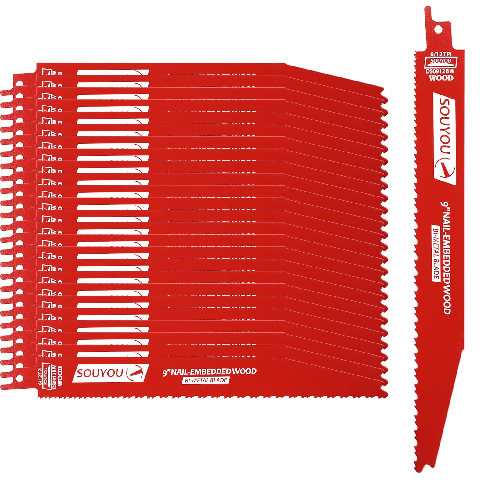 25 Pack 9 Inch 6/12 Tpi Reciprocating Saw Blades Bi-Metal Steel Demon with Perma-Shield Coating Stud and Reciprocating Saw Blades for Cutting Embedded Wood Metals PVC Pallets etc.