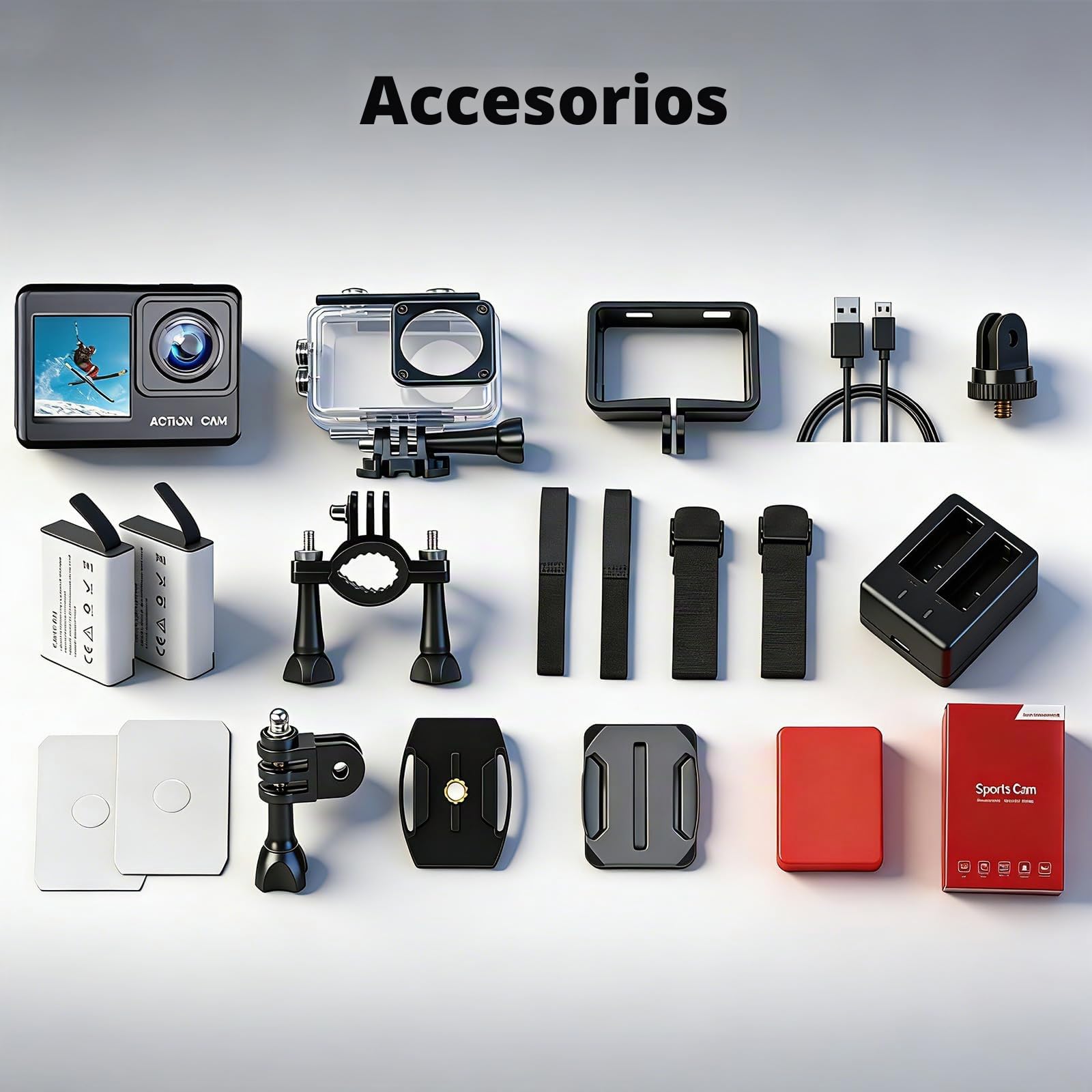 Cámara Deportiva 1080P FHD 16MP, Cámara Acuática con Doble Pantalla de 2" y 1.3", Sumergible 40M para Vlogging y Buceo, Incluye Tarjeta SD 32GB, 2 Baterías de 1050mAh y Accesorios（Negro）