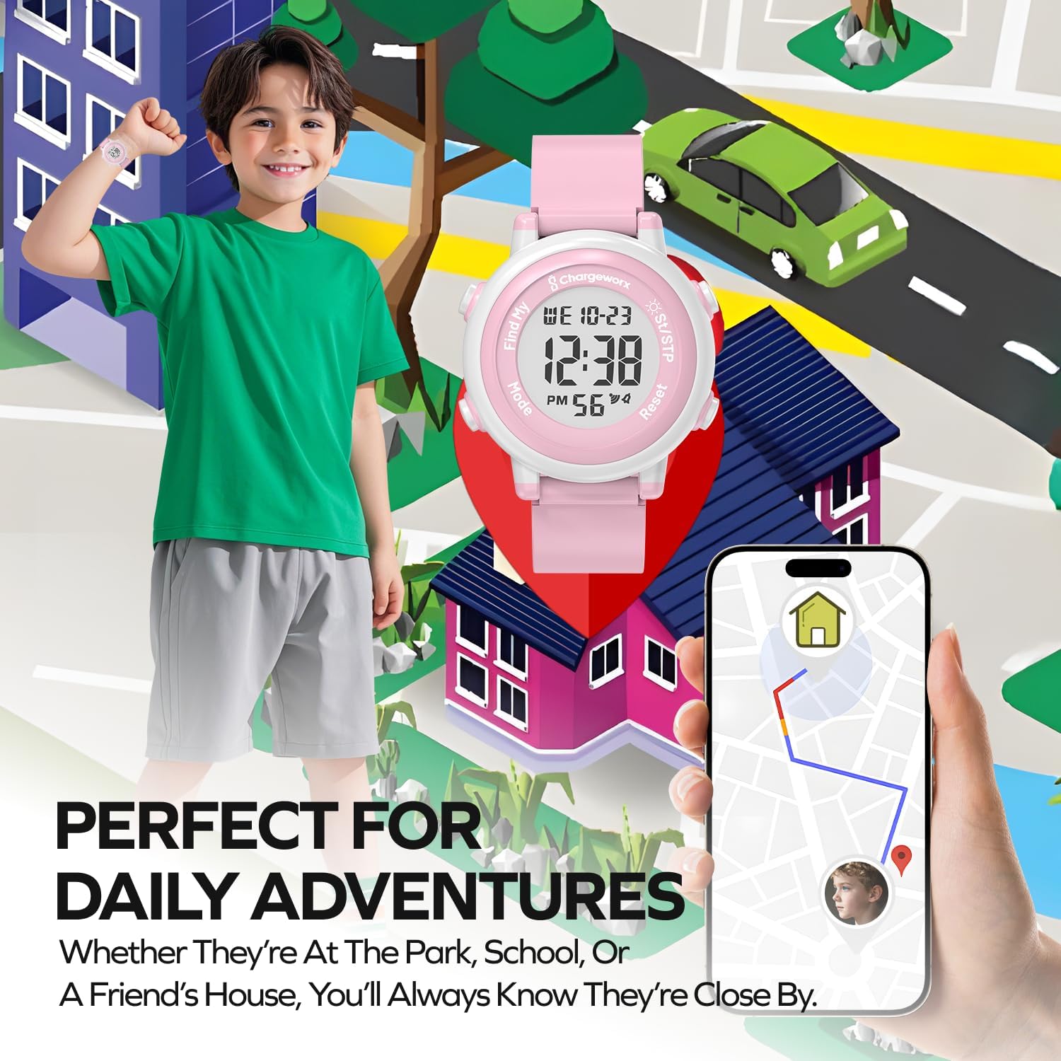 Chargeworx Kids Digital Watch with Apple Find My Tracker | Smart Watch Alternative for Boys & Girls | Water-Resistant Sports Watch with Alarm, Stopwatch & Soft Silicone Band | great Gift for Kids & Toddlers