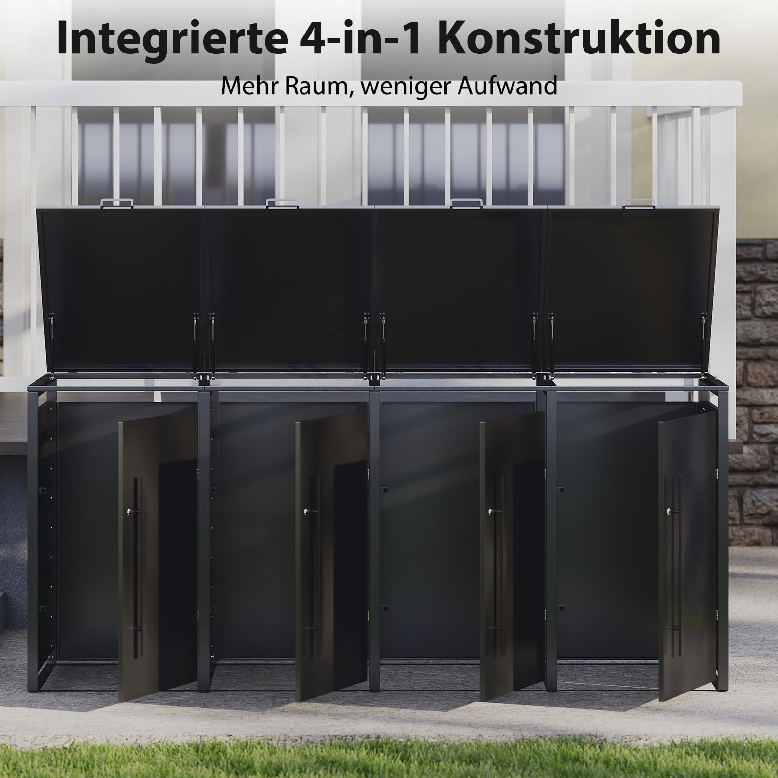 Youyijia Metallische Mülltonnenbox für 120-240 Liter, 264 x 80 x 116 cm, Mülltonnenlagerung für 4 Tonnen, Verzinktes Stahl-Müllschuppen, Außendeckel mit abschließbarer Tür für Garten und Hinterhof
