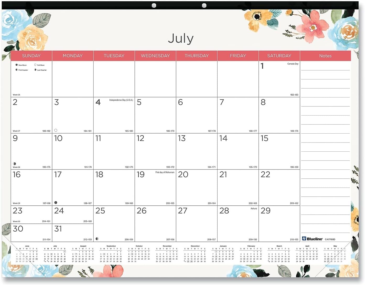 Blueline Academic Monthly Desk Pad Calendar, 18 Months, July 2023 to December 2024, 22" x 17", Blossom Design (CA1716BD-24)