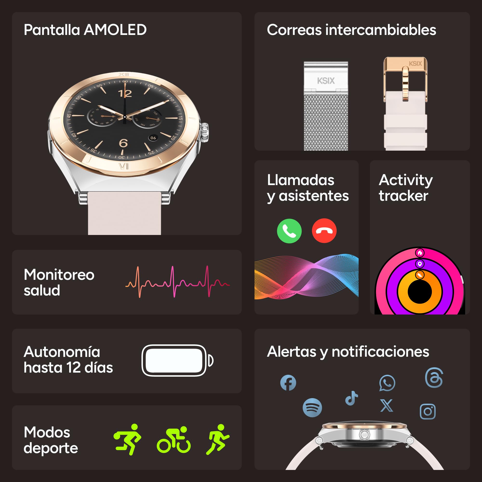 KSIX LYA Go Smartwatch Mujer, Pantalla AMOLED 1.19", Autonomía 5 días, Modos Deporte y Salud, Notificaciones, Llamadas, Asistente de Voz, 2 Correas Metal y Silicona - Plata y Beige
