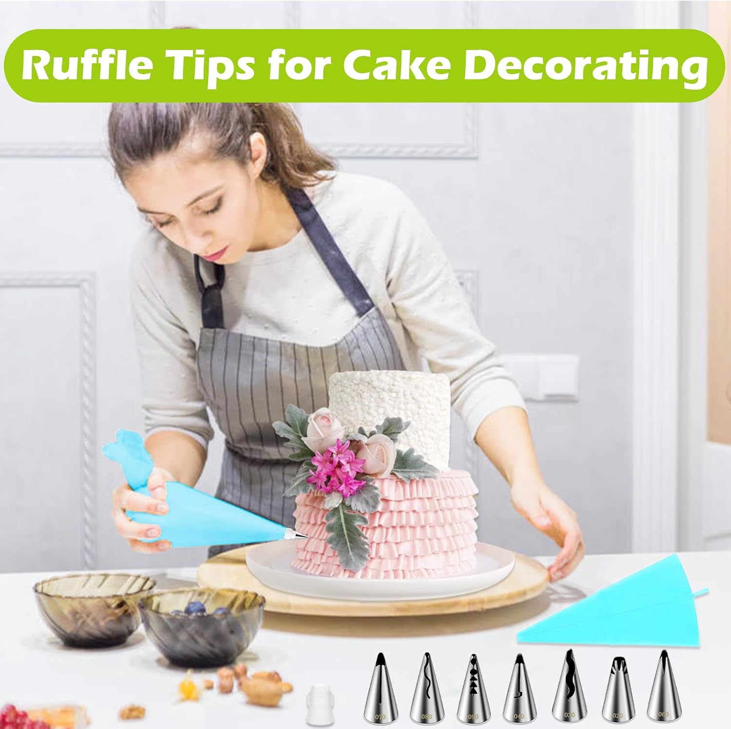 Suuker Ruffle Piping Tips Set, 9-Piece Cake Decorating Kit with Bag