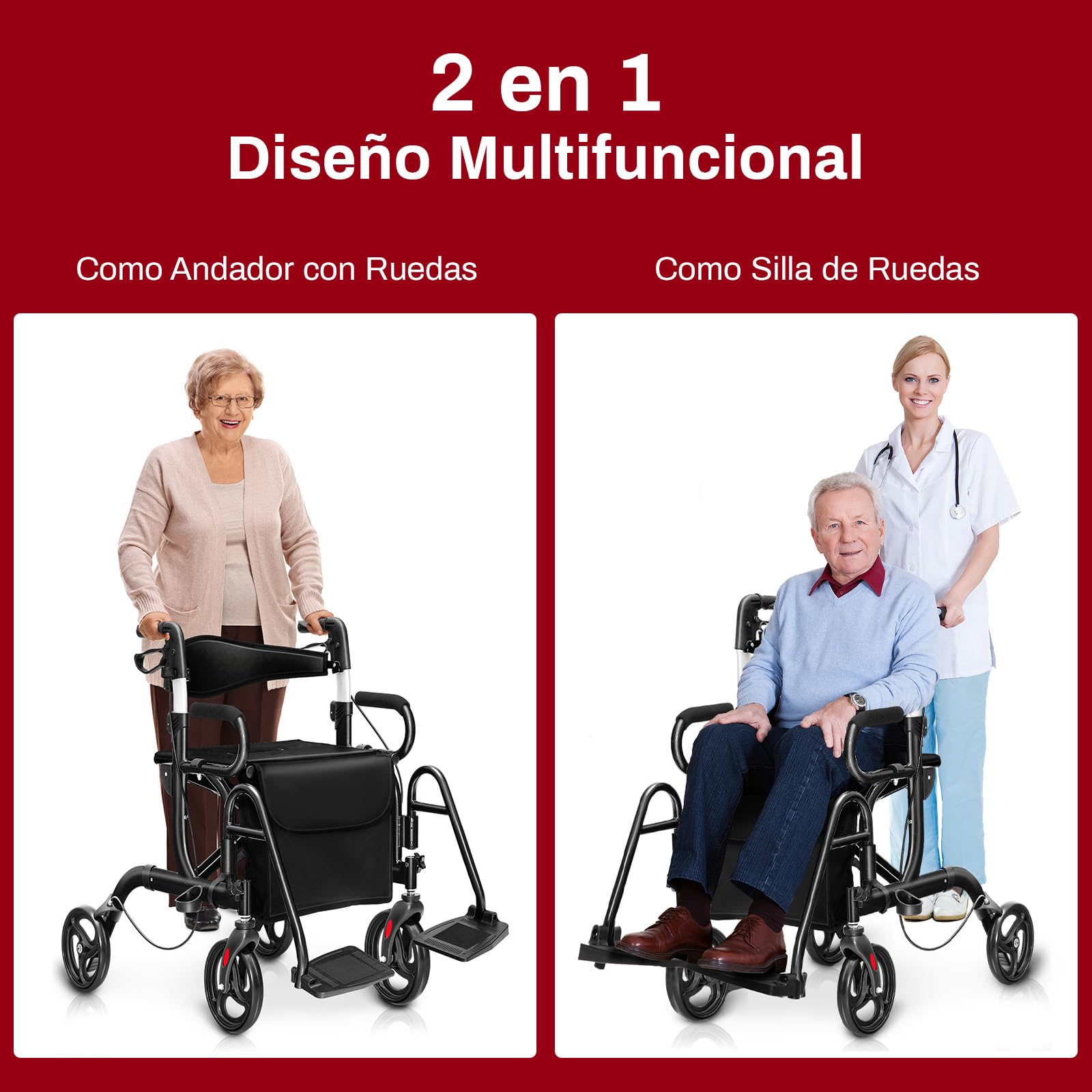 COSTWAY 2 en 1 Andador para Ancianos, Andador Plegable con Asiento, Respaldo Reversible, Mangos Ajustables, Ruedas PVC, Silla Transporte de Aluminio con Reposapiés y Bolsa Desmontable (negro)