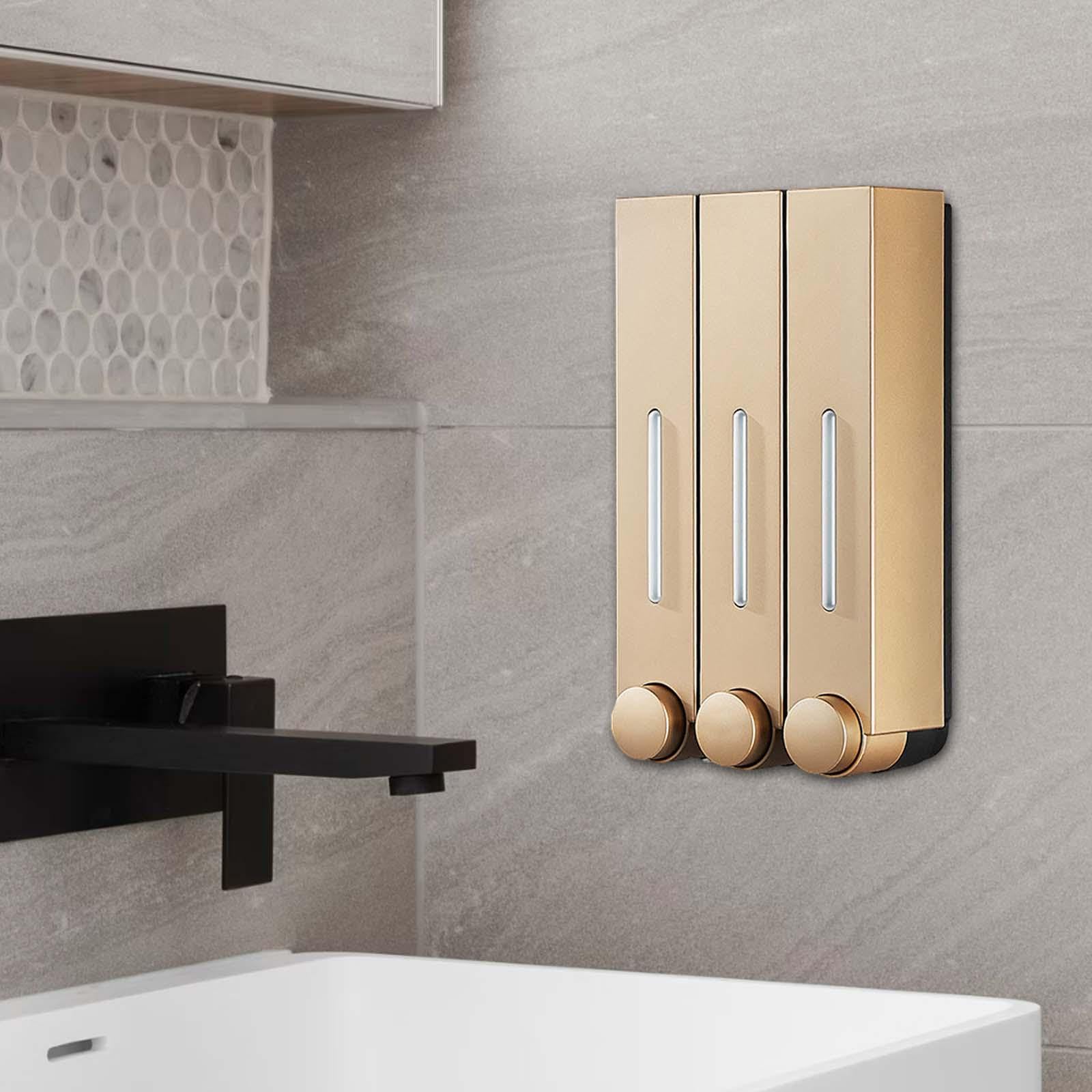 Gralara Dispensador de Jabón Líquido para Montaje en Pared, Dispensador de Champú con Control Manual, Ahorro de Espacio, Duradero, Elegante, Dorado para Ducha, Tres Cabezas, Individual