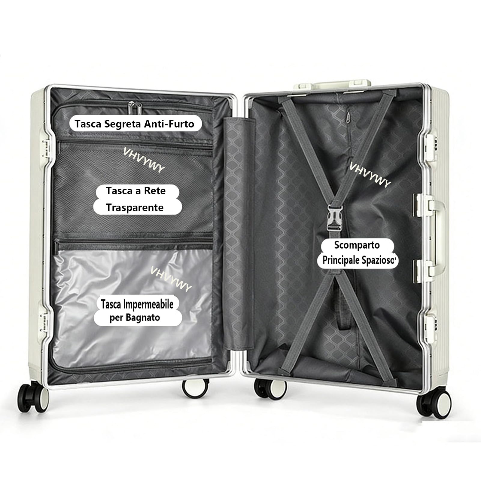 Valigia da Viaggio in Alluminio con Apertura Anteriore, Trolley Valigie Rigido in PC, Porta USB, Portabicchiere, Ruote Girevoli Silenziose, Porta Tazza, Chiusura TSA (Argento, XL)