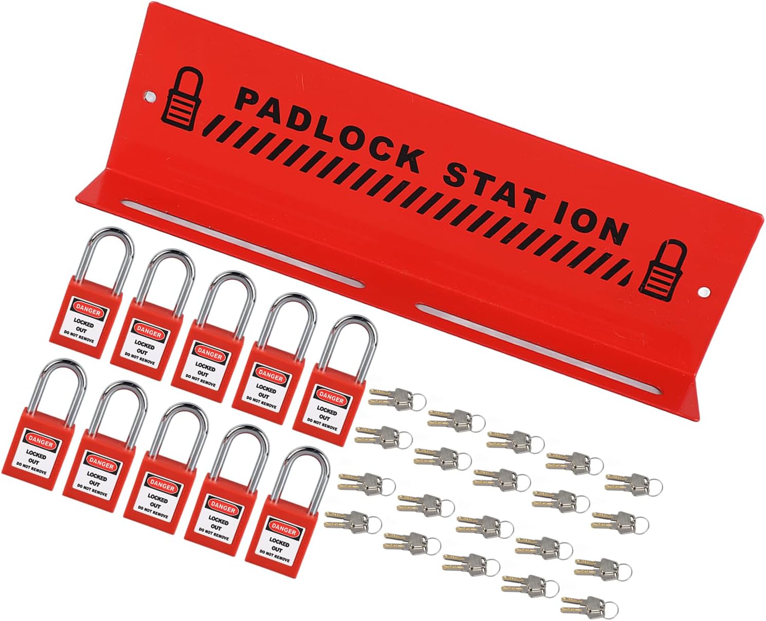 Dioche Safety Padlock Station Red Steel Padlock Rack - Industrial Management Station for 10 Key Locks, WallMounted Lockout Tagout Solution