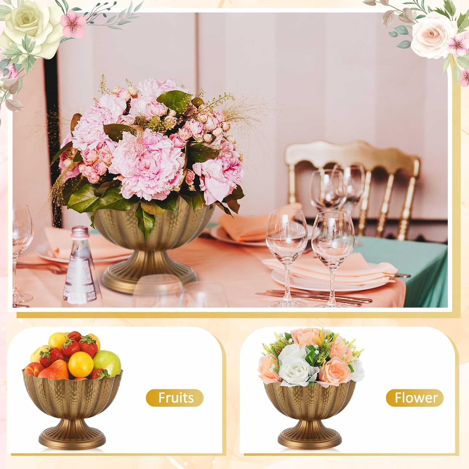 2 Pcs Large 9 Inch Compote Vase for Centerpiece Flower Holder Metal Compote Bowl Indoor Outdoor Flowers Fruits Plant for Wedding Party Decoration Christmas Home (Gold Bronze)