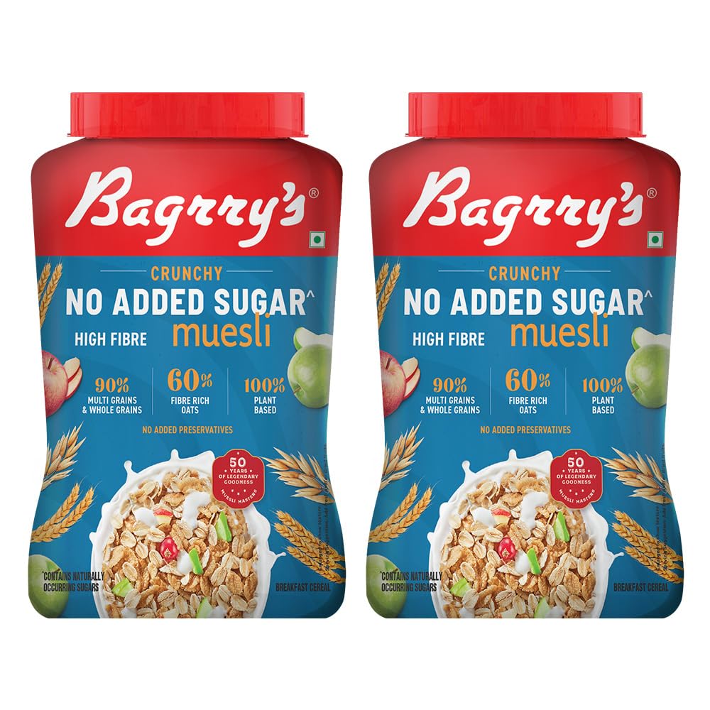 Bagrry's Crunchy Muesli No Added Sugar 0% | 90% Multi Grains | 60% Fibre Rich Oats with Bran | Whole Grain Breakfast Cereal | Helps Manage Weight | Vegan and Plant Based Muesli 1000g Jar, Pack of 2