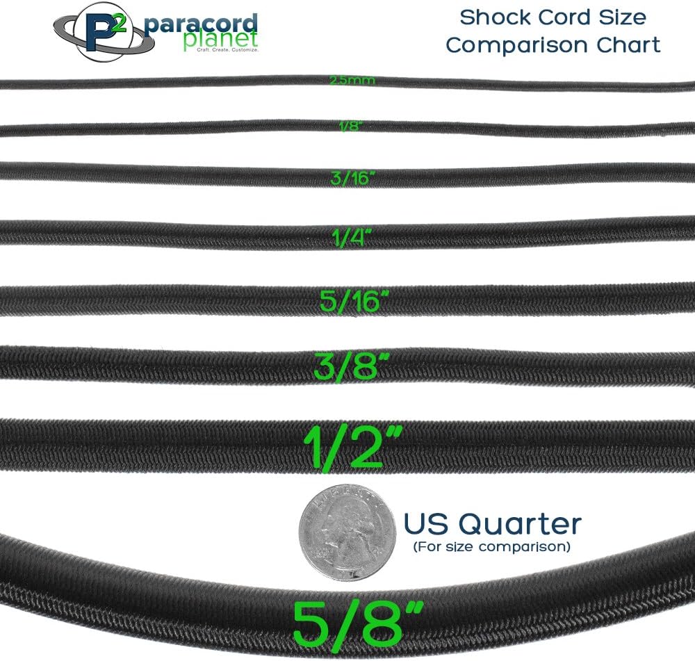 Paracord Planet Bungee Nylon Shock Cord 2.5mm 1/32", 1/16", 3/16", 5/16", 1/8”, 3/8", 5/8", 1/4", 1/2 inch Crafting Stretch String 10 25 50 & 100 Foot Lengths Made in USA