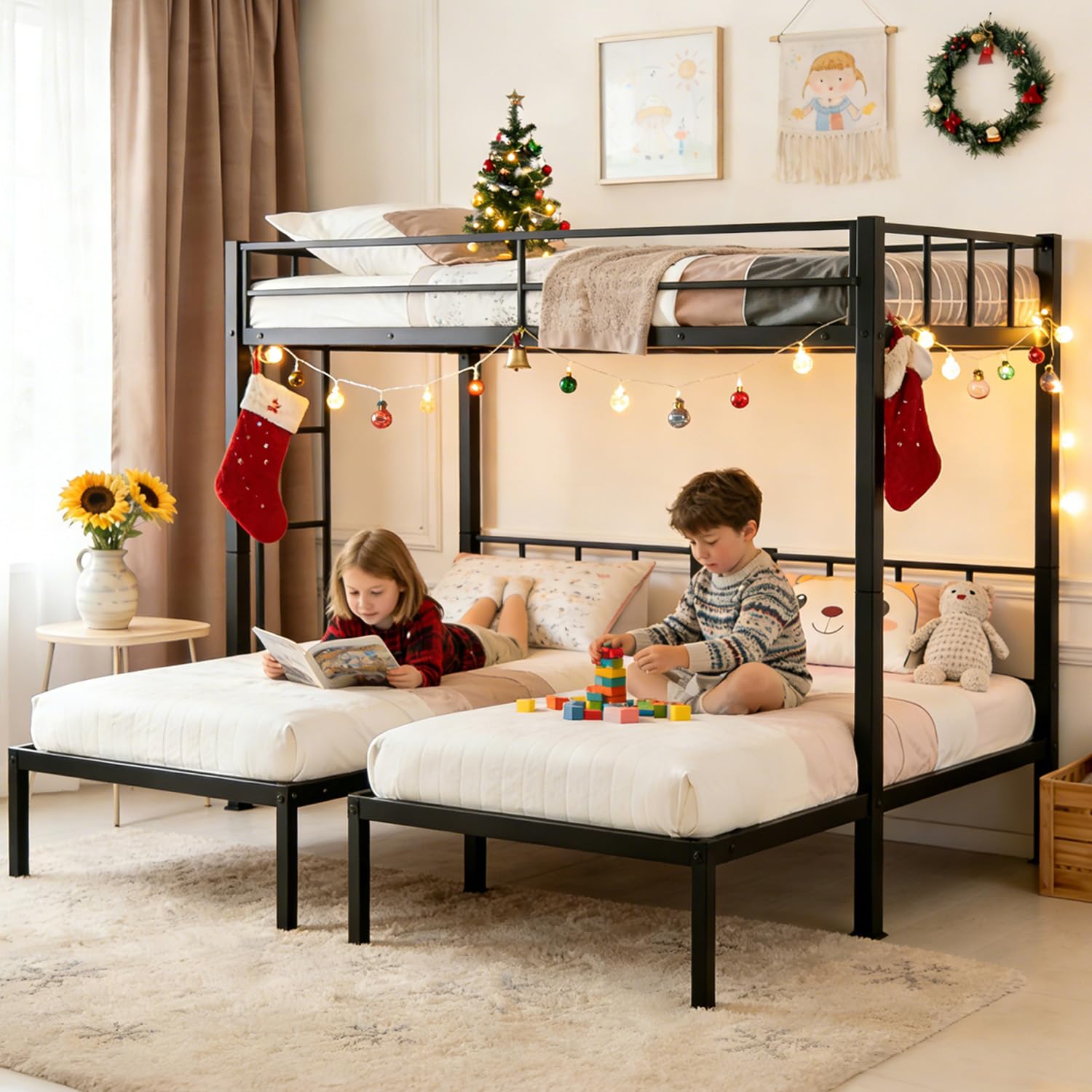 Photo 1 of *** Only box # 1 is included missing box # 2 *** Mixcous Heavy Duty Triple Bunk Bed, Twin Over Twin Over Twin with Guardrails and Ladder, Metal Bunk Bed for 3, 3 Bed Teens and Adults, No Box Spring Needed, Black