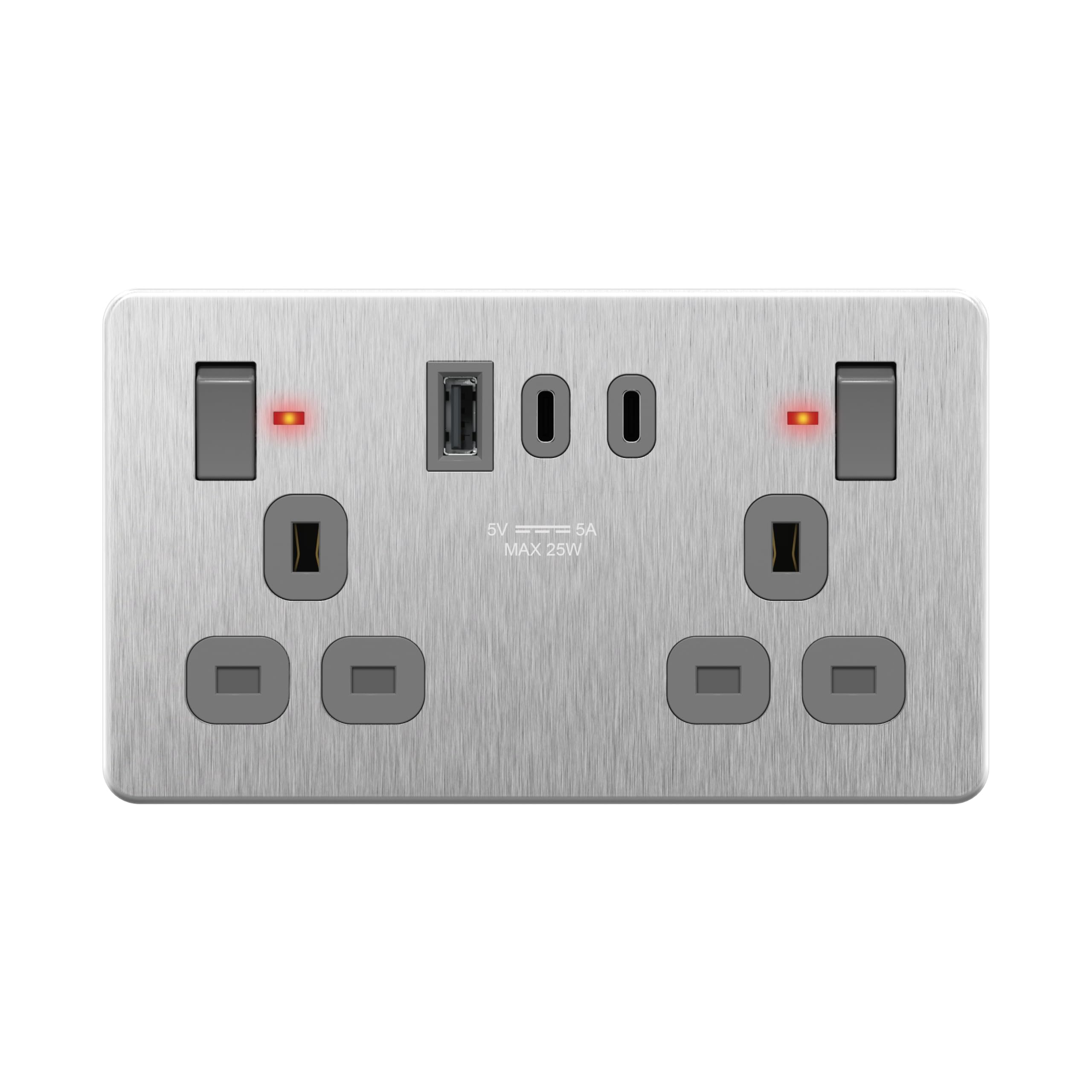 LIDER 2-Gang Switched 13A Socket with USB TYPE C & A Ports, LED Power Indicator, Always-On USB Ports, 25W Combined Output, UKCA Certified, Child Safe, Stainless Steel (Use a 35mm-deep back box)