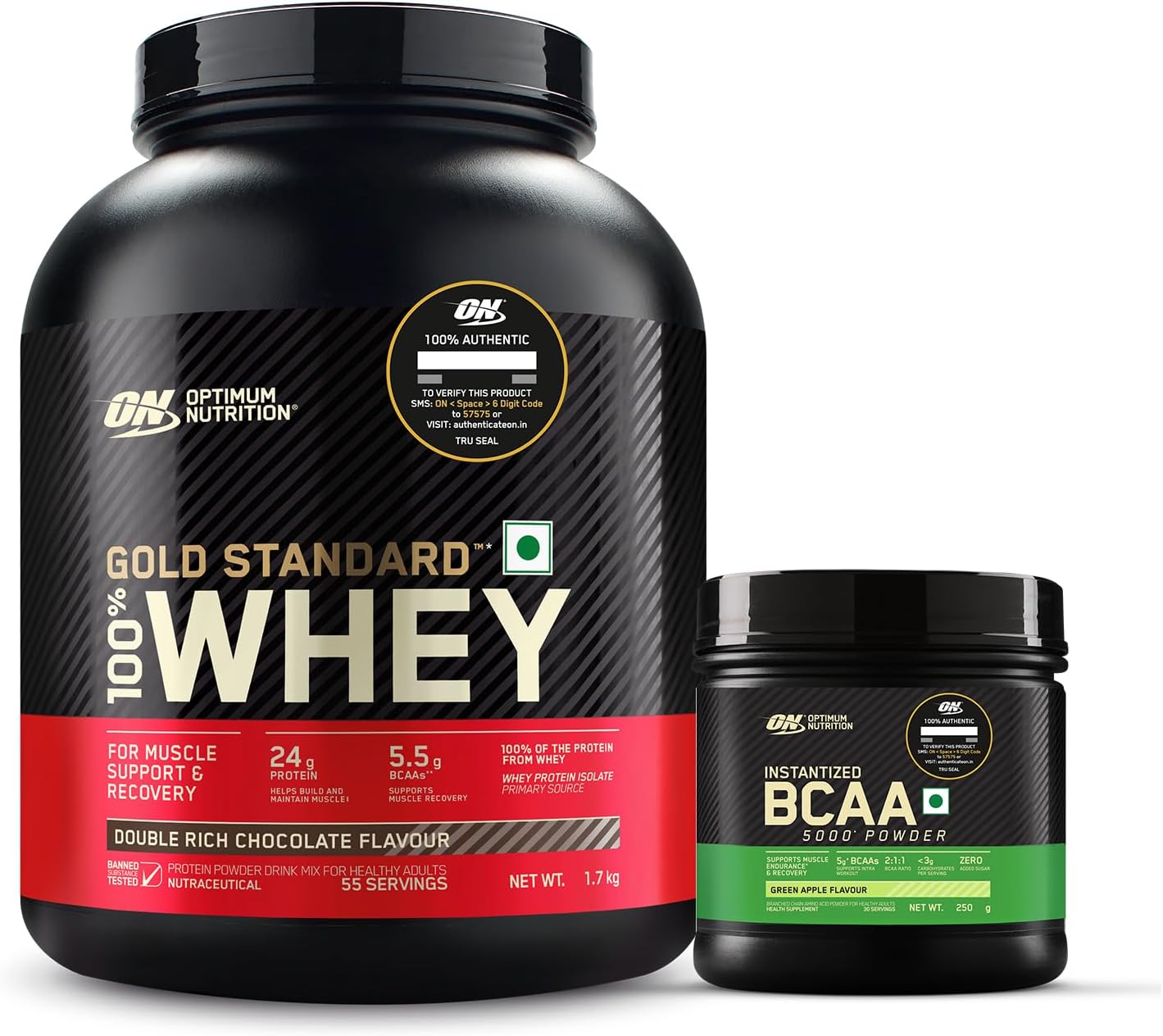 OPTIMUM NUTRITION (ON) Gold Standard 100% Whey (5 Lbs/2.27 Kg)(Double Rich Chocolate) & BCAA, 5G Bcaas In 2:1:1 Ratio, 30 Servings (250Gm, Green Apple) COMBO, 2520 Grams