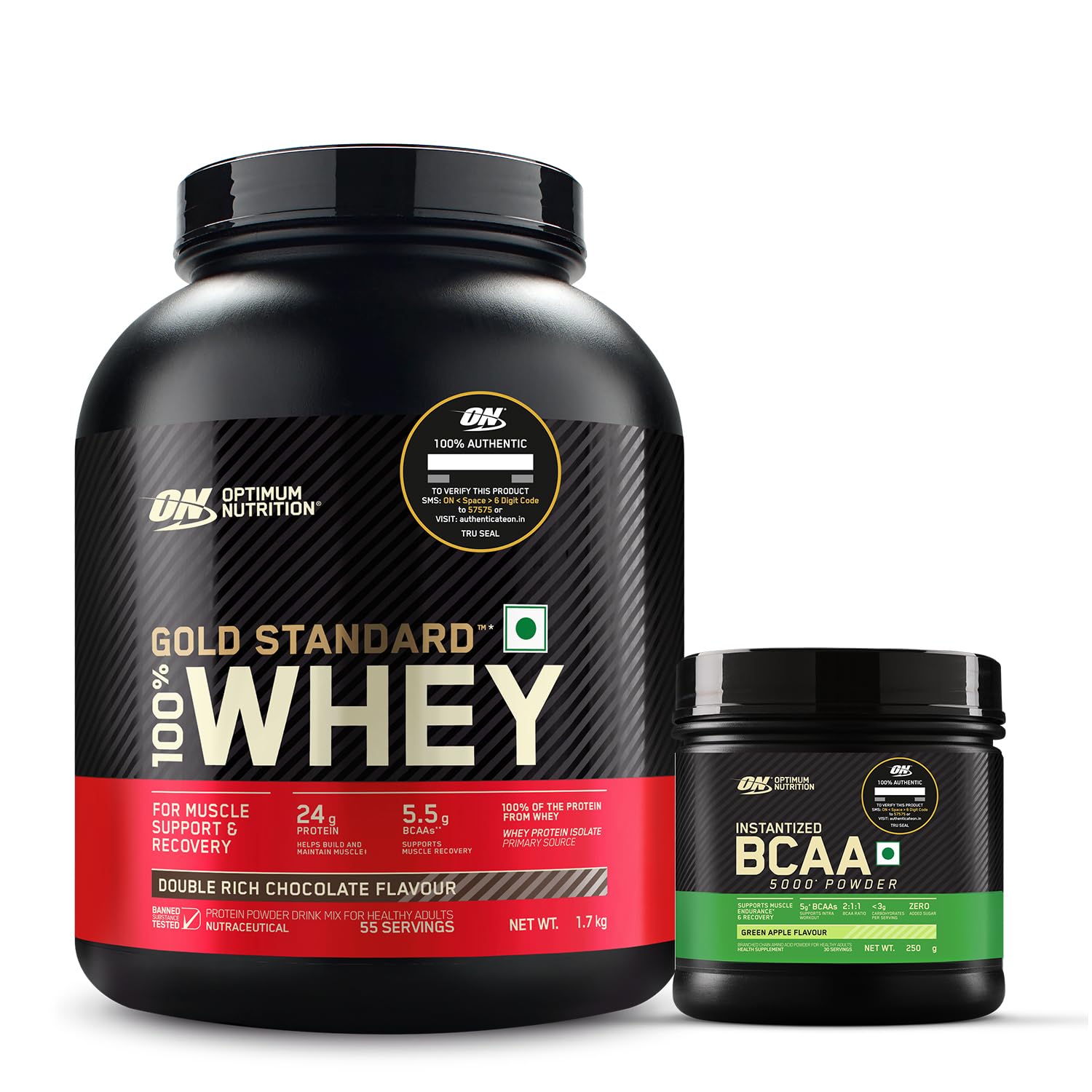 OPTIMUM NUTRITION (ON) Gold Standard 100% Whey (5 Lbs/2.27 Kg)(Double Rich Chocolate) & BCAA, 5G Bcaas In 2:1:1 Ratio, 30 Servings (250Gm, Green Apple) COMBO, 2520 Grams