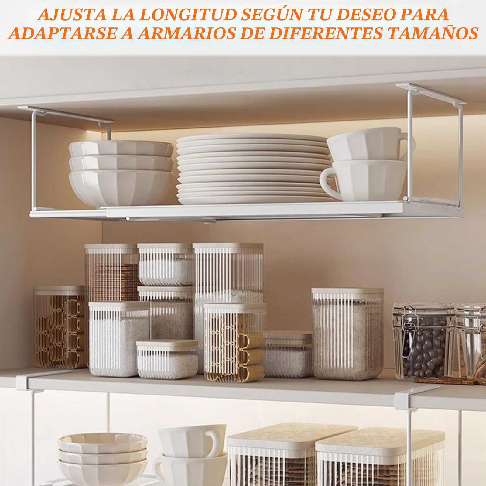DAJAVE 2 cestas colgantes de metal con ajustable de 38 a 70 cm, cesta colgante extensible debajo de la estantería, estantería ajustable para debajo del armario de metal, organizador en armarios de