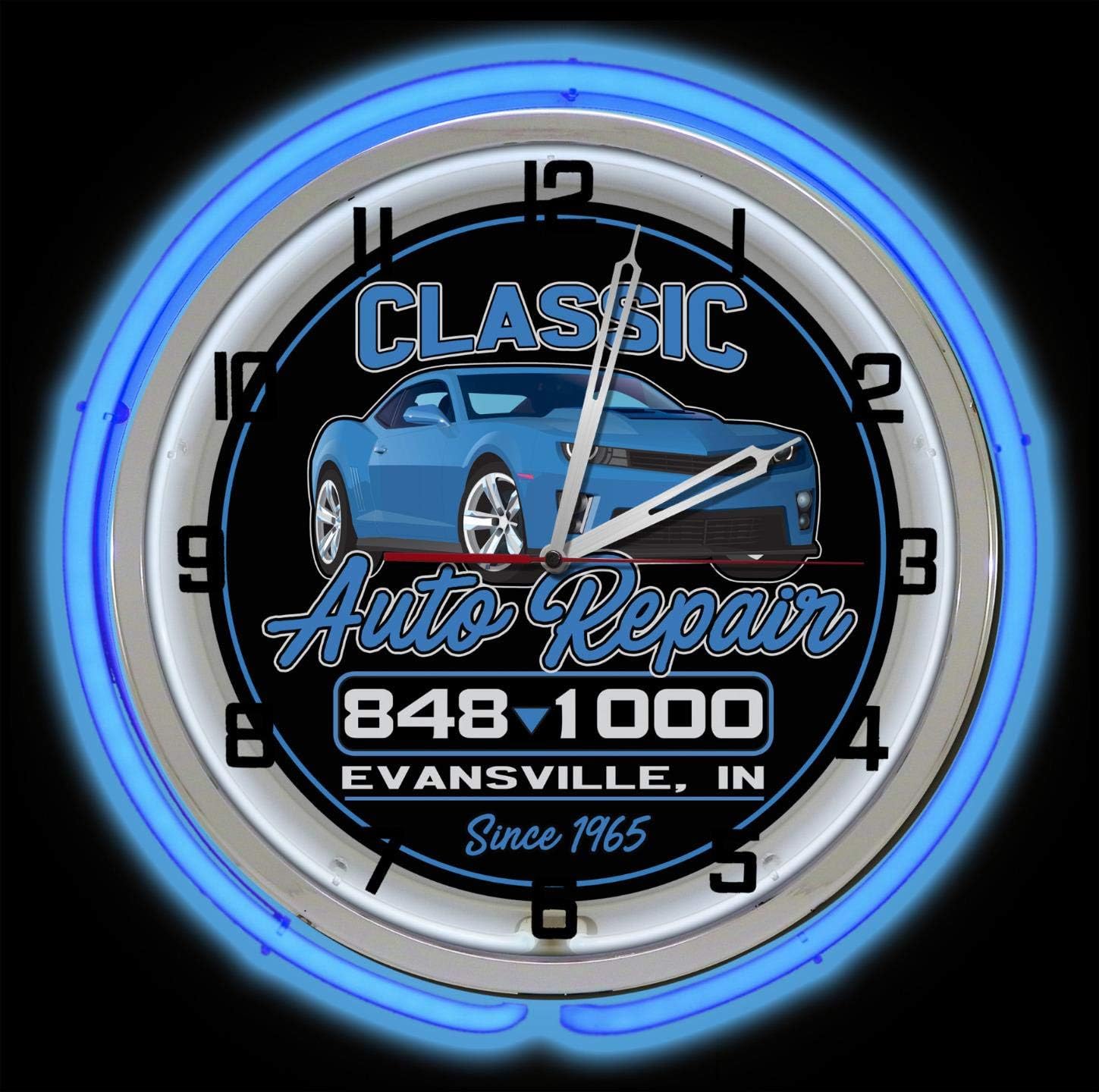 Customized Auto Repair Shop Blue Double Neon Clock from Redeye Laserworks