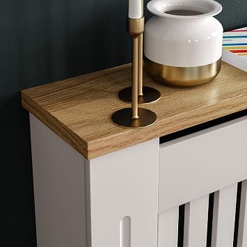 Vida Designs Arlington Radiator Cover White - Medium - Modern Shaker Style Vertical Slat Design For Optimal Heat Circulation - H83.3xW111xD19cm - Painted MDF Cabinet with Wood Top Shelf