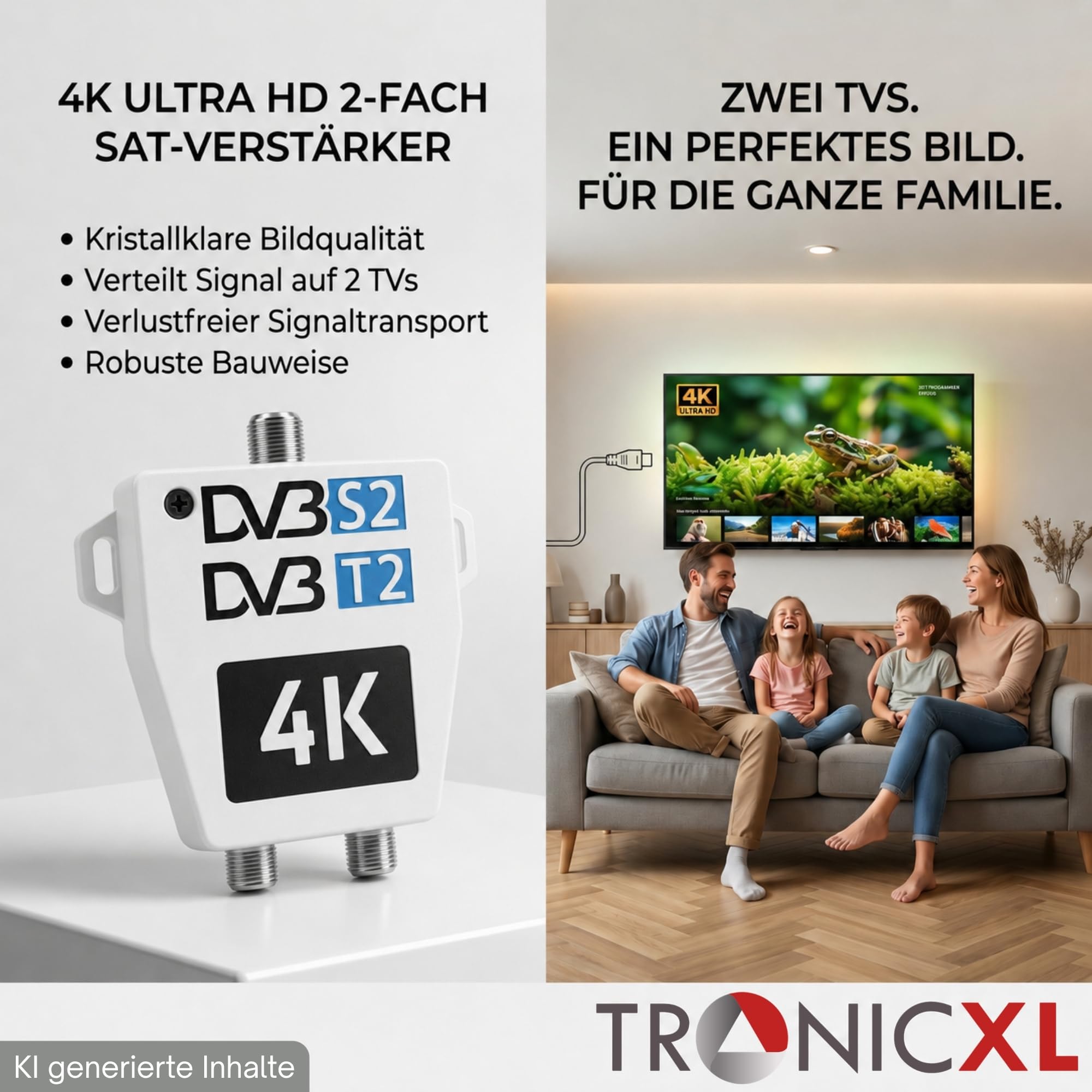 TronicXL Amplificatore antenna a 2 vie per DVBT e DVBS SAT Splitter Amplificatore con vite di messa a terra I Distributore antenna morbido DVB-S2 DVB-T2 Morbido amplificatore di segnale 3D 4K HDTV
