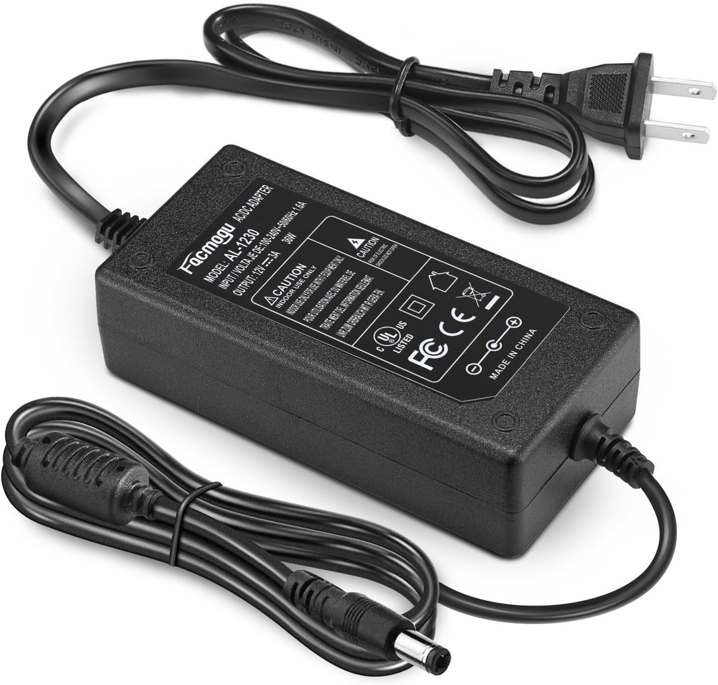 Facmogu DC 12V 3A Power Adapter, 36 Watt AC 100-240V to DC 12Volt Transformers, Switching Power Supply for LED Strip Light, Camera, Wireless Router 2.1mm X 5.5mm UK Plug [JSY 1230]