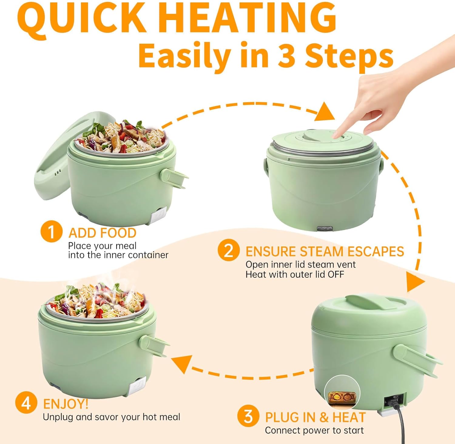 Aotto Electric Lunch Box, 40 oz Portable Food Warmer Heater, Lunch Warmer Portable for Work/Office/Car/Travel 12V/24V/110V 3-in-1, Warming Soup & Meal, Spill-Free, Men & Women's Gifts, Green - Image 5