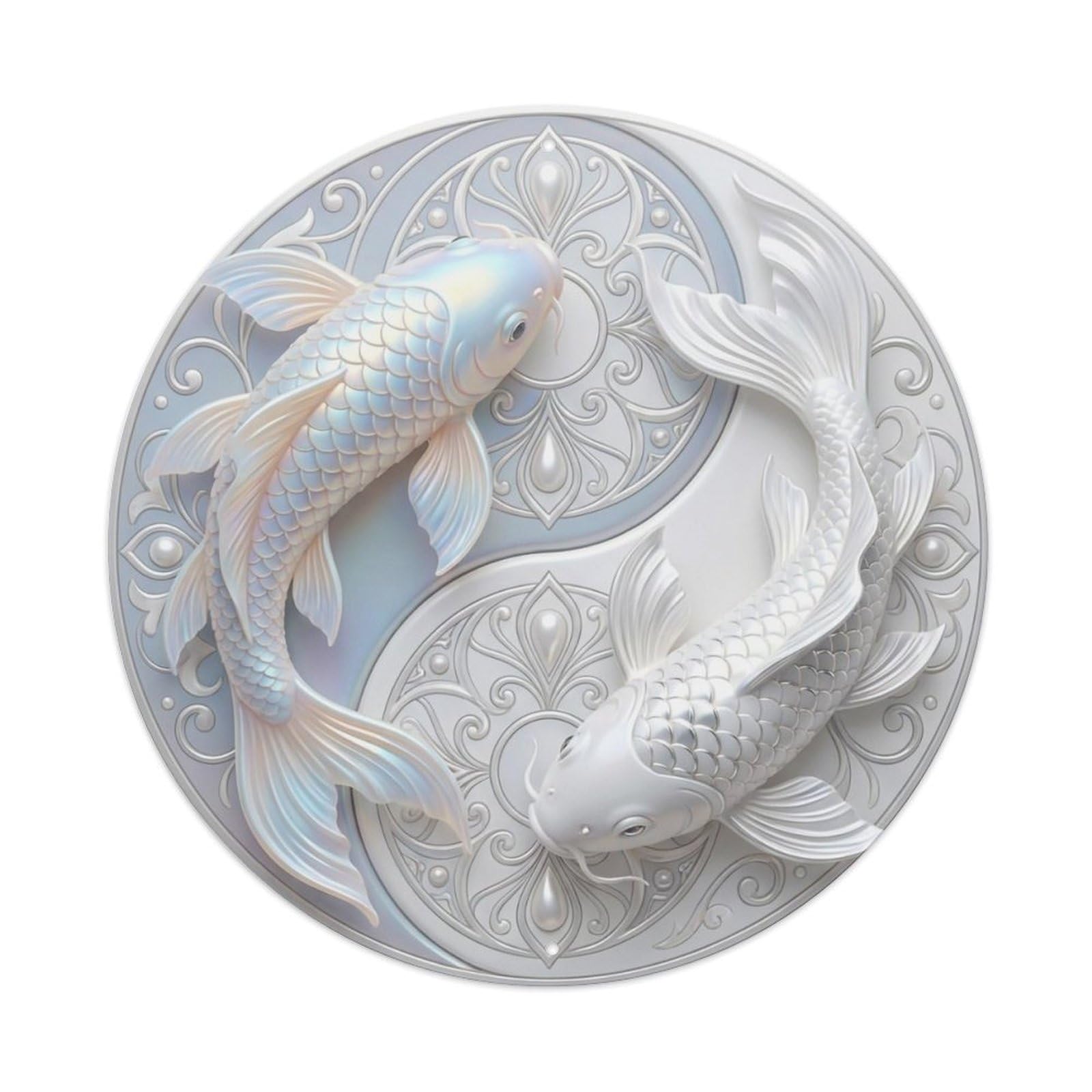 TaiChi Koi Fish Moonstone White Pearl Silver Elegant Pure Metal sign